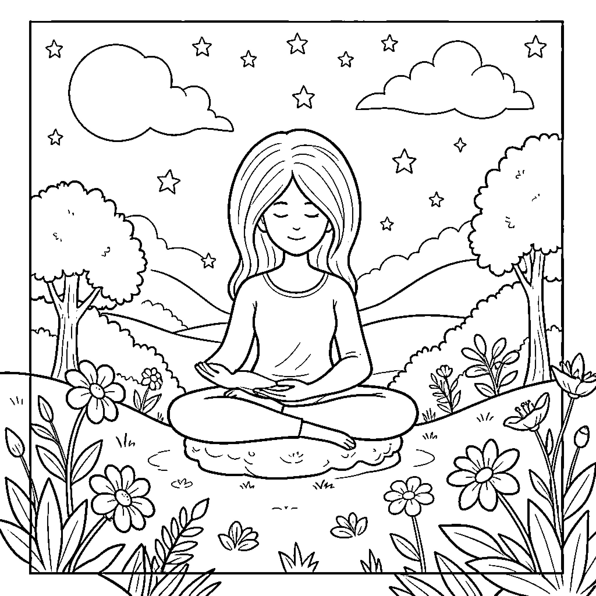 Mental Health concept of a woman meditating in nature Coloring Page (free black-and-white line drawing printable PDF for all, from beginners to advanced learners, including children, teens, adults, and seniors)