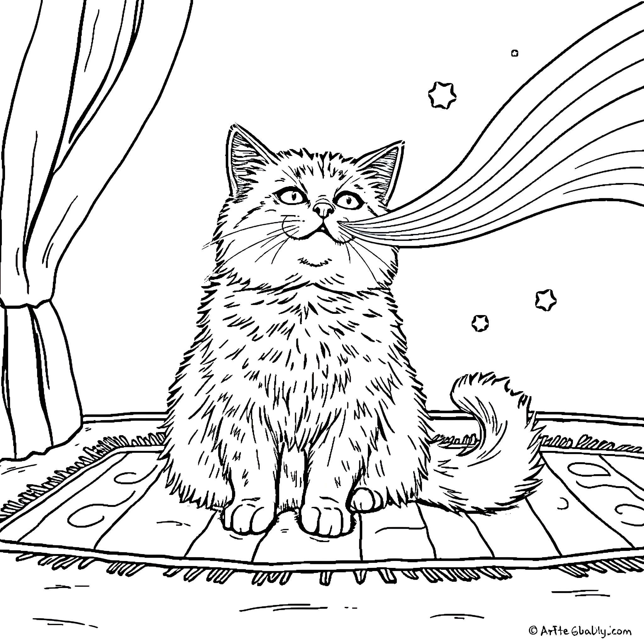 Cat gazing at the night sky Coloring Page (free black-and-white line drawing printable PDF for all, from beginners to advanced learners, including children, teens, adults, and seniors)