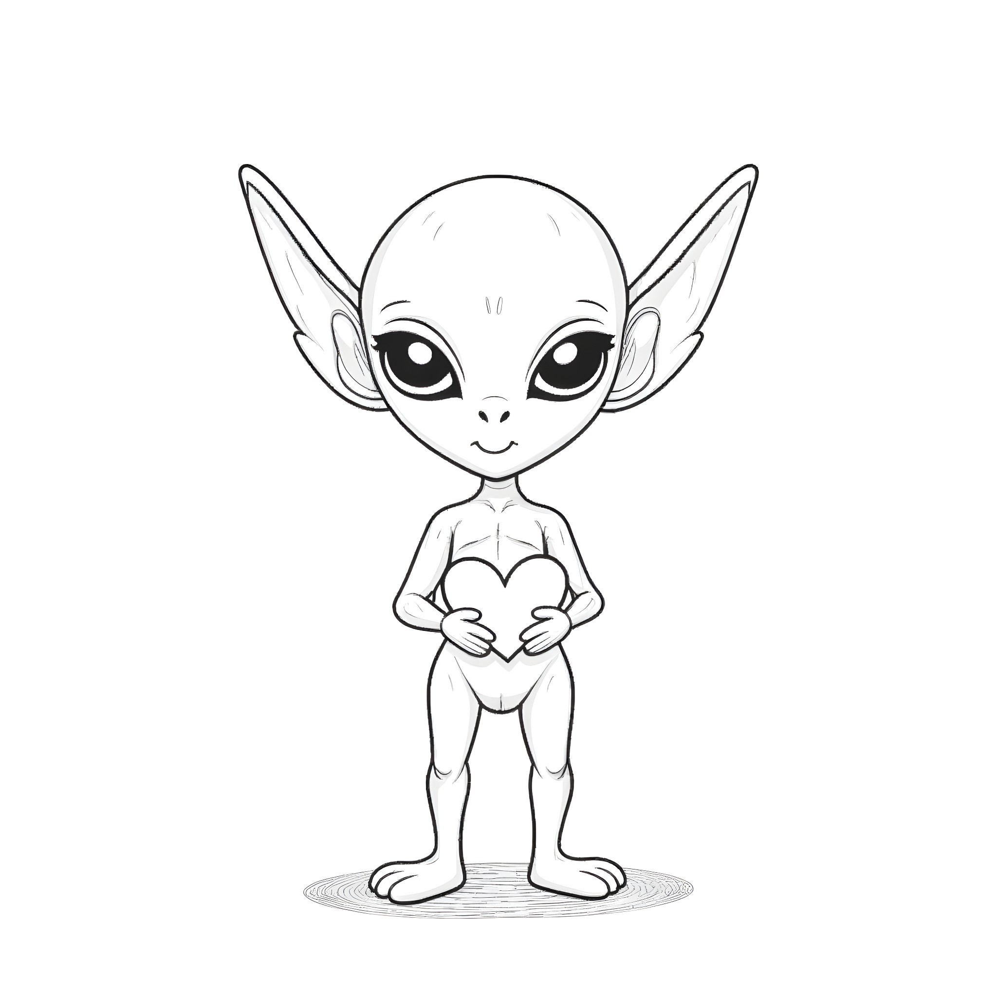 Alien creature with big eyes and ears Coloring Page (free black-and-white line drawing printable PDF for all, from beginners to advanced learners, including children, teens, adults, and seniors)