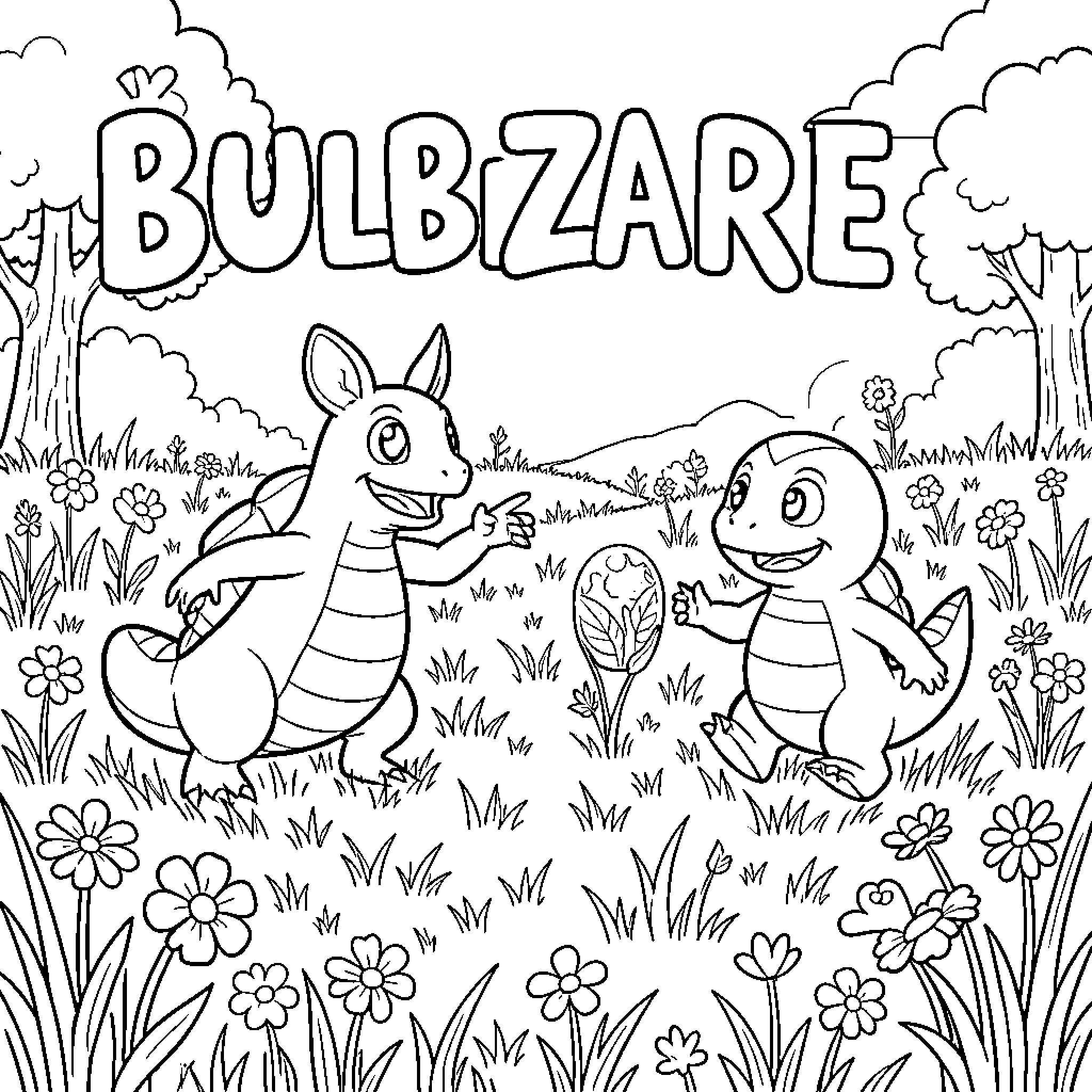 Bulbizarre interacting with a small friend in a meadow Coloring Page (free black-and-white line drawing printable PDF for all, from beginners to advanced learners, including children, teens, adults, and seniors)