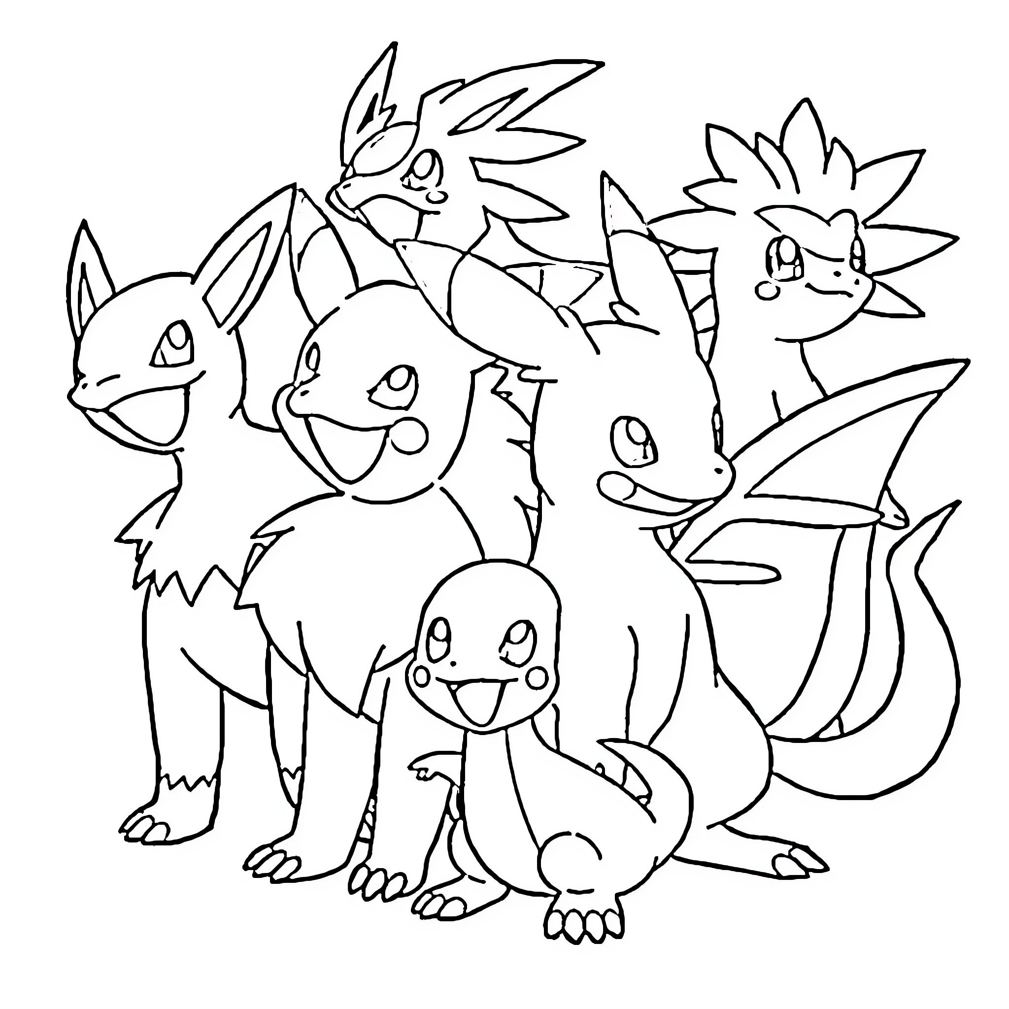 Pokémon characters gathered together in a playful scene Coloring Page (free black-and-white line drawing printable PDF for all, from beginners to advanced learners, including children, teens, adults, and seniors)