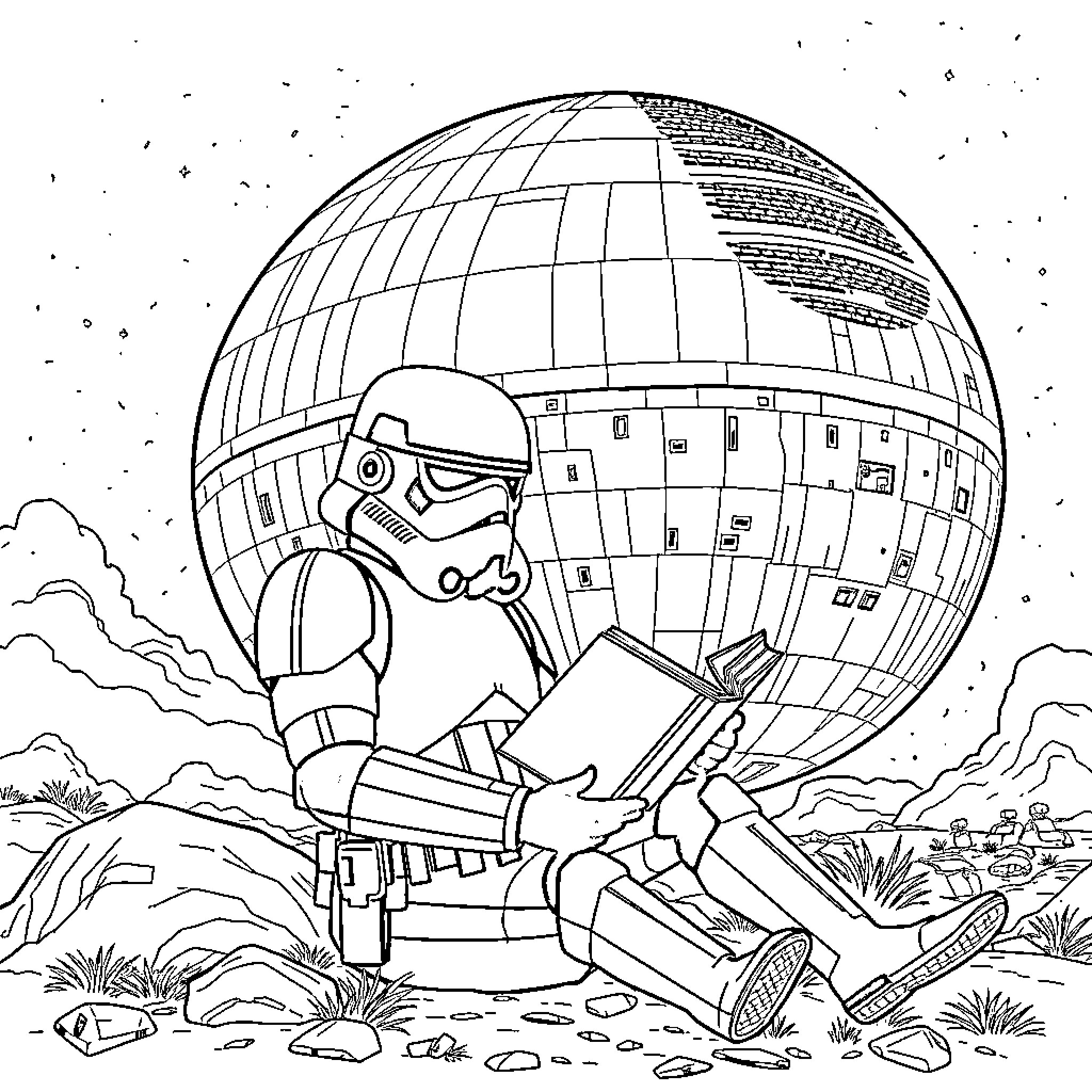 Storm Trooper reading book near Death Star Coloring Page (free black-and-white line drawing printable PDF for all, from beginners to advanced learners, including children, teens, adults, and seniors)