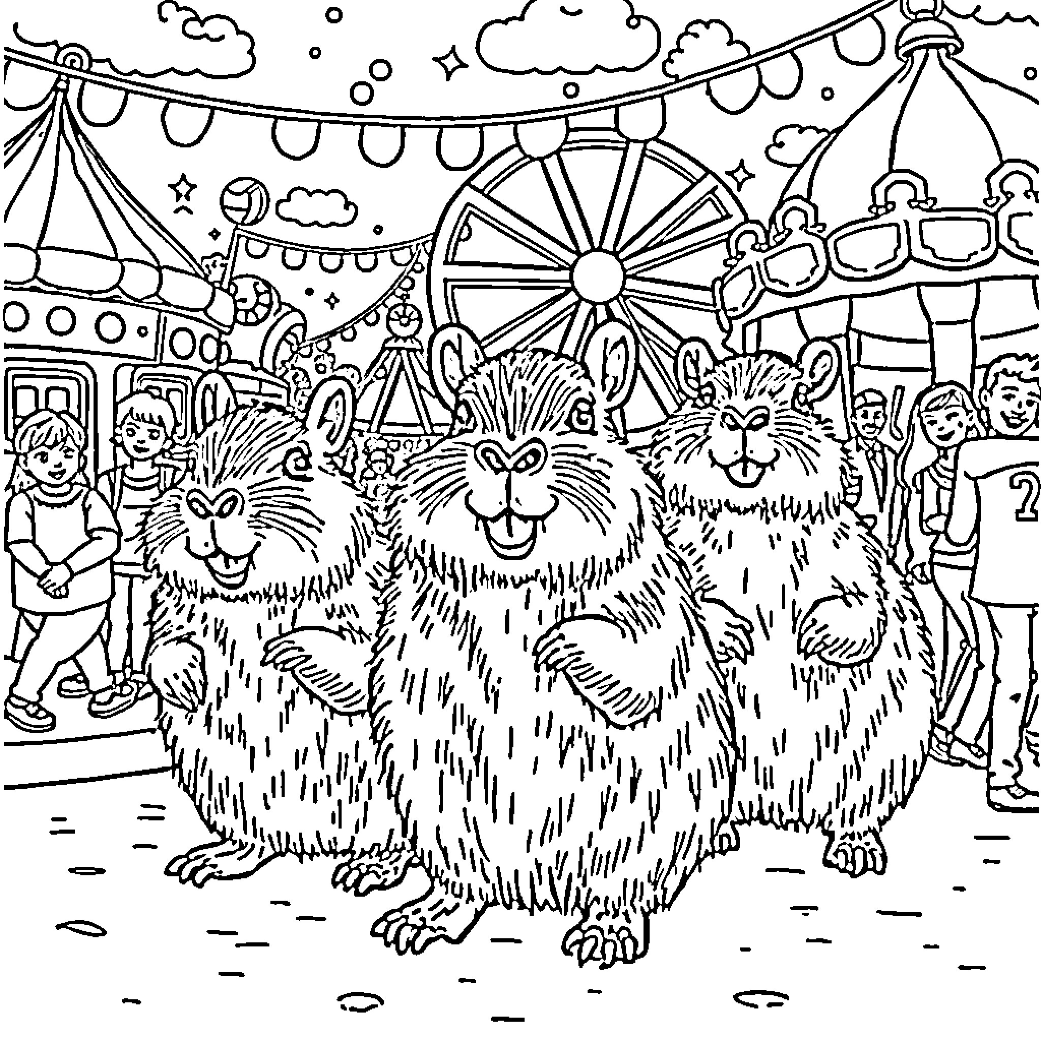 Capybara enjoying the carnival festivities Coloring Page (free black-and-white line drawing printable PDF for all, from beginners to advanced learners, including children, teens, adults, and seniors)