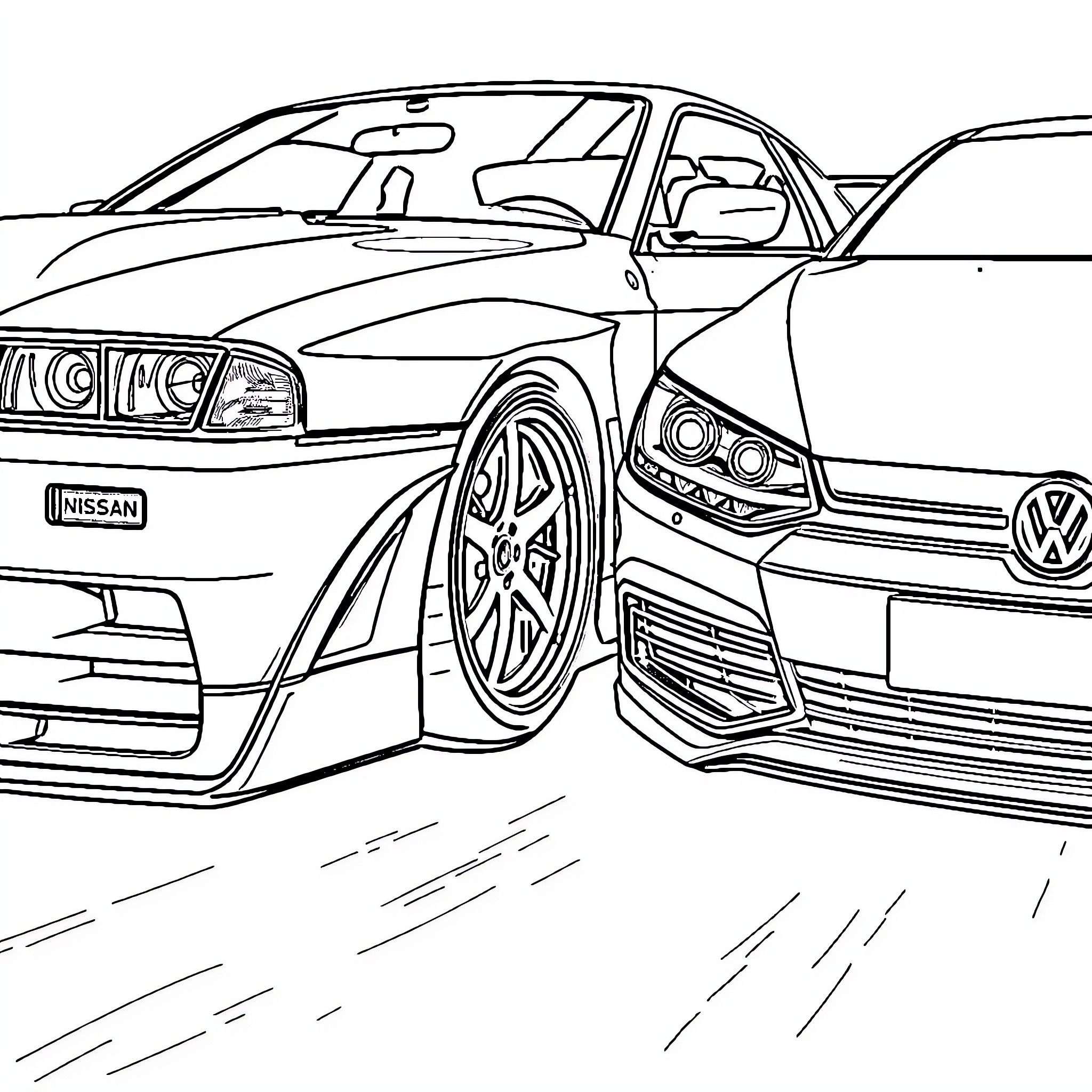 Car racing on the track Coloring Page (free black-and-white line drawing printable PDF for all, from beginners to advanced learners, including children, teens, adults, and seniors)