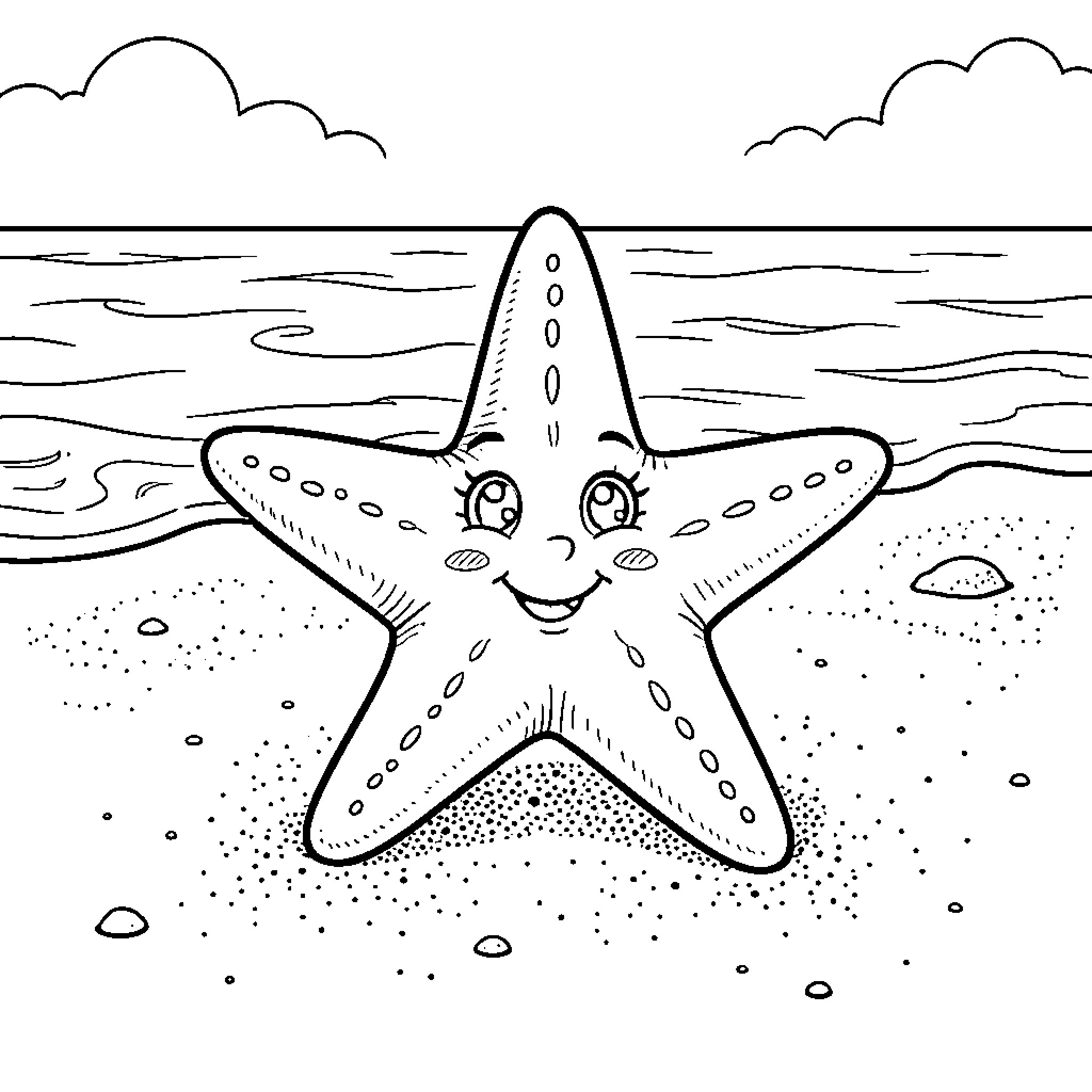Starfish smiling happily on a sandy beach Coloring Page (free black-and-white line drawing printable PDF for all, from beginners to advanced learners, including children, teens, adults, and seniors)