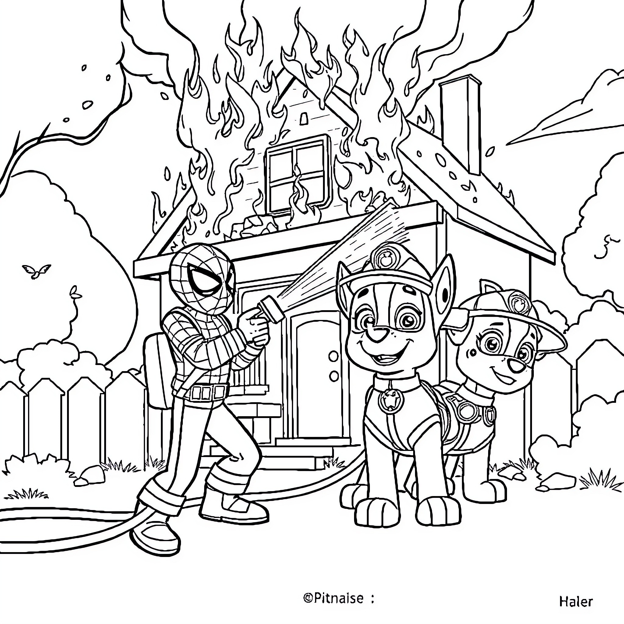 Spiderman and Paw Patrol heroes battling a fire Coloring Page (free black-and-white line drawing printable PDF for all, from beginners to advanced learners, including children, teens, adults, and seniors)