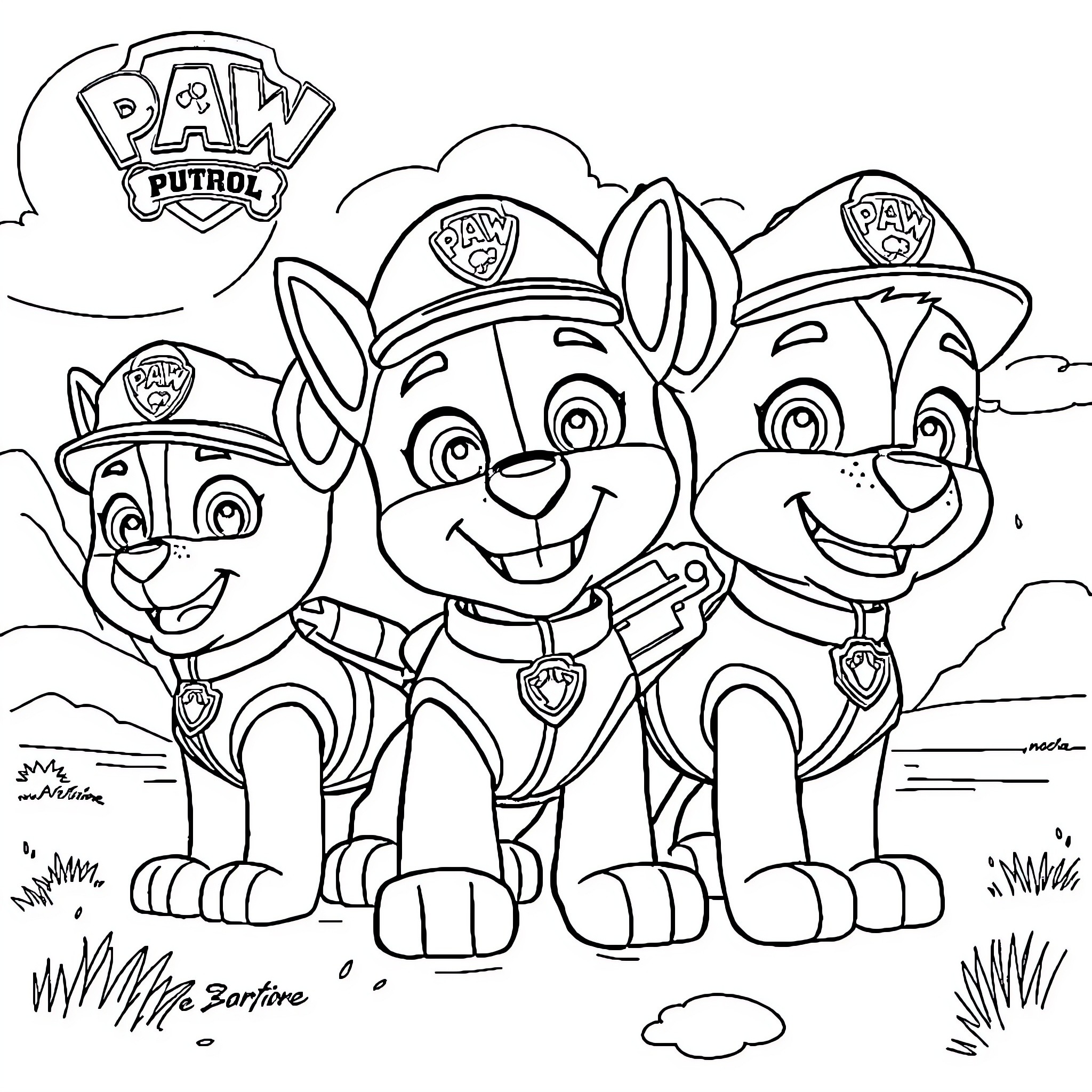 Paw Patrol puppies on patrol duty Coloring Page (free black-and-white line drawing printable PDF for all, from beginners to advanced learners, including children, teens, adults, and seniors)