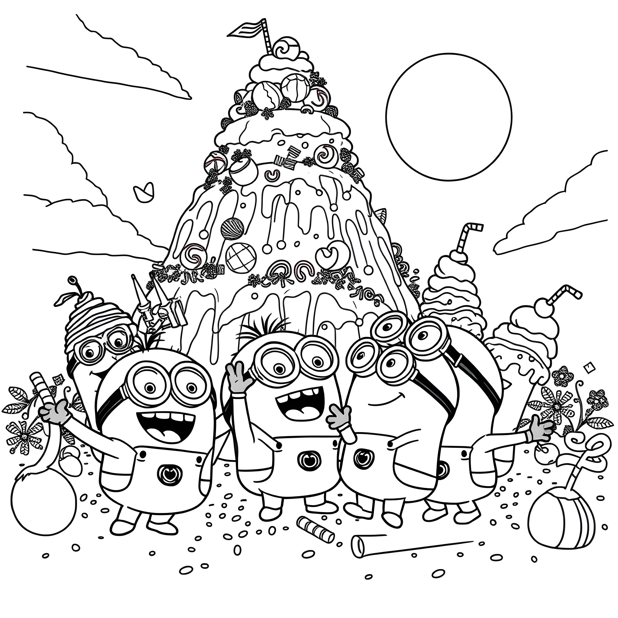 Minions enjoying a fun and whimsical scene Coloring Page (free black-and-white line drawing printable PDF for all, from beginners to advanced learners, including children, teens, adults, and seniors)