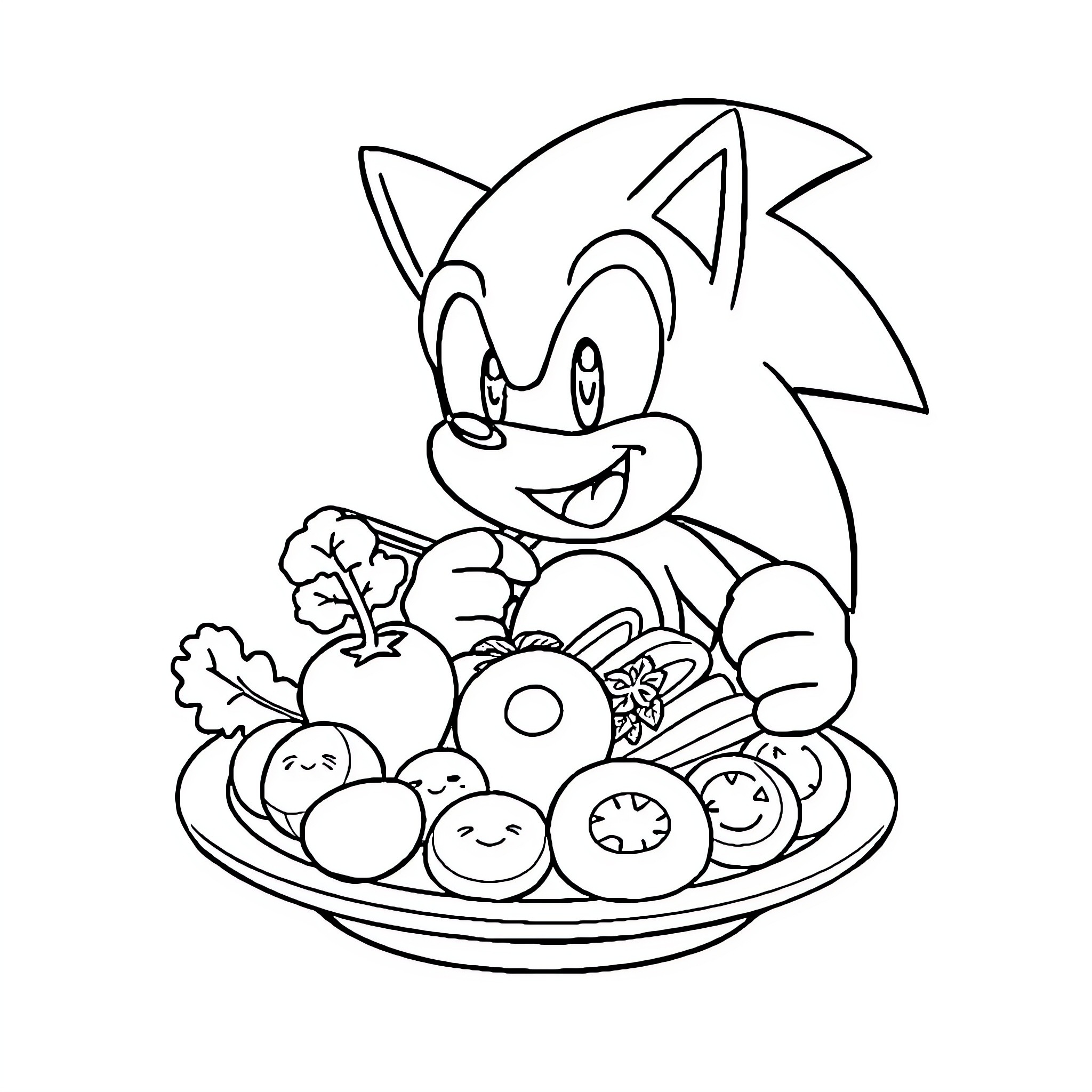 Sonic enjoying a healthy meal Coloring Page (free black-and-white line drawing printable PDF for all, from beginners to advanced learners, including children, teens, adults, and seniors)