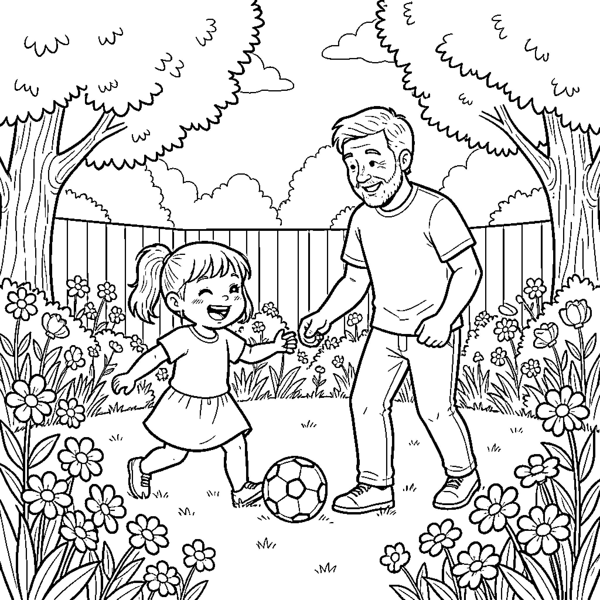 Fille playing soccer with her father in a garden Coloring Page (free black-and-white line drawing printable PDF for all, from beginners to advanced learners, including children, teens, adults, and seniors)