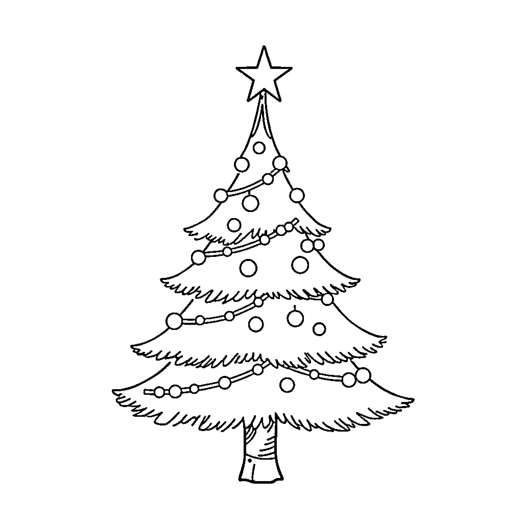 Christmas Tree with Ornaments and Topper Coloring Page (free black-and-white line drawing printable PDF for all, from beginners to advanced learners, including children, teens, adults, and seniors)
