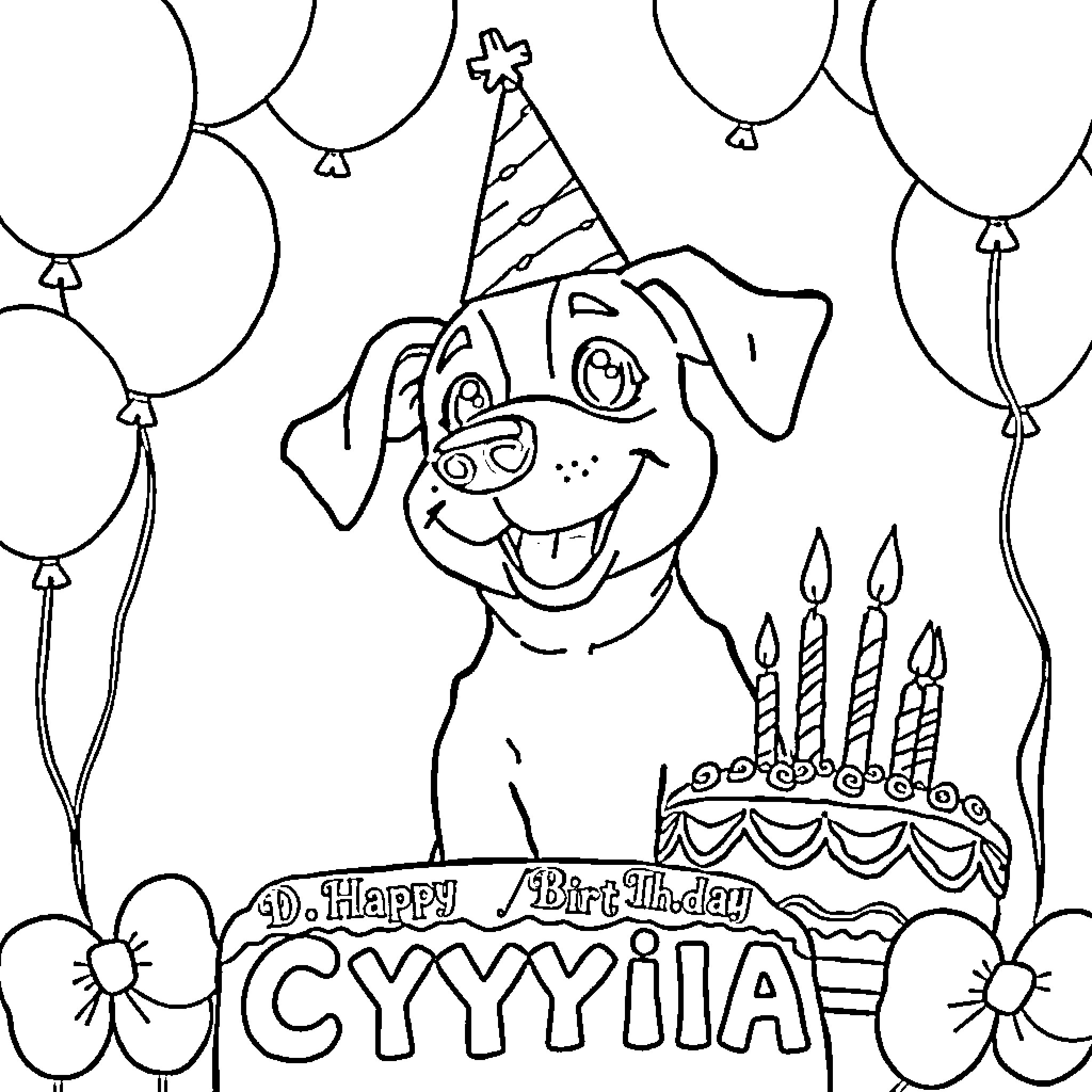 Dog celebrating happy birthday with cake and balloons Coloring Page (free black-and-white line drawing printable PDF for all, from beginners to advanced learners, including children, teens, adults, and seniors)