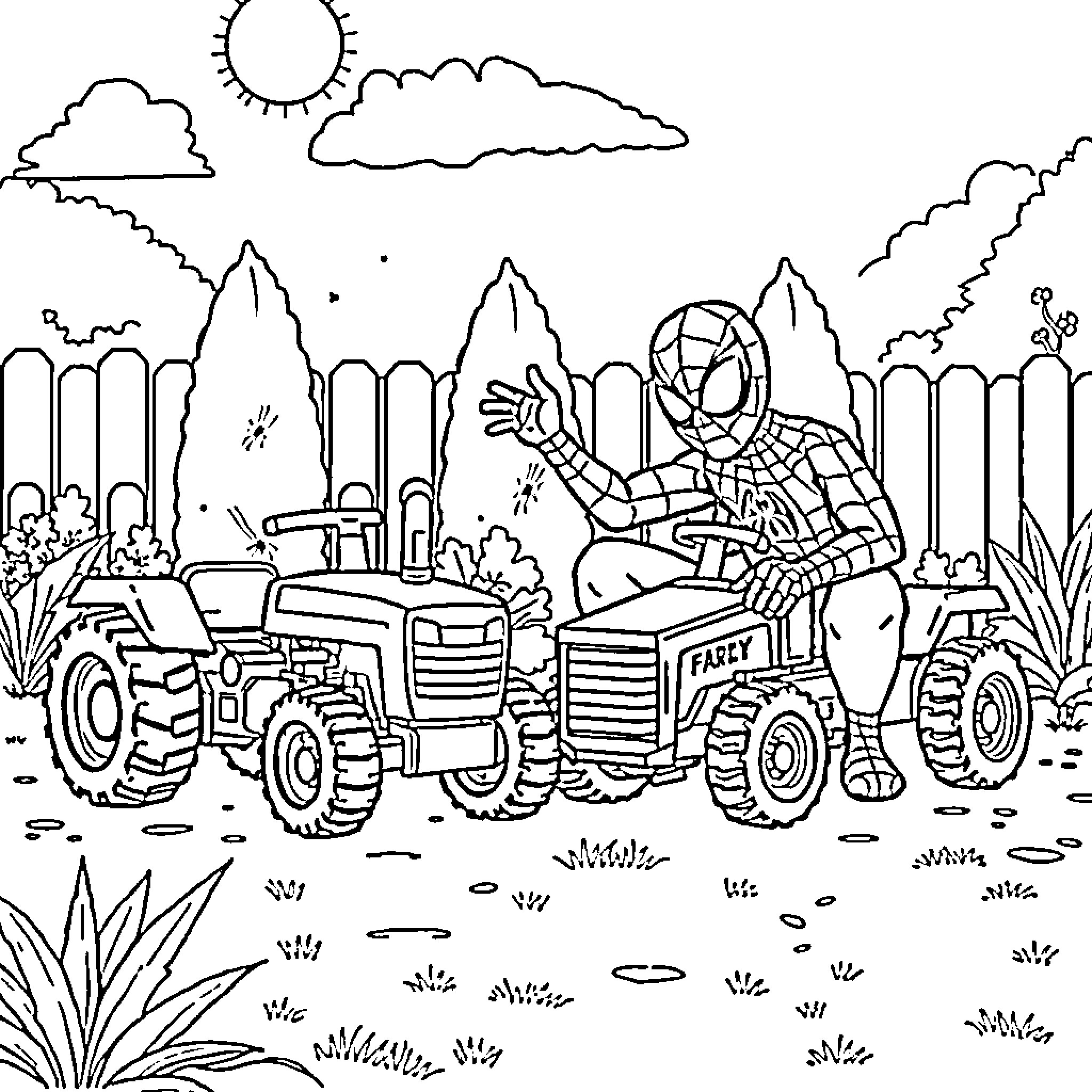 Spiderman on a tractor in a countryside scene Coloring Page (free black-and-white line drawing printable PDF for all, from beginners to advanced learners, including children, teens, adults, and seniors)