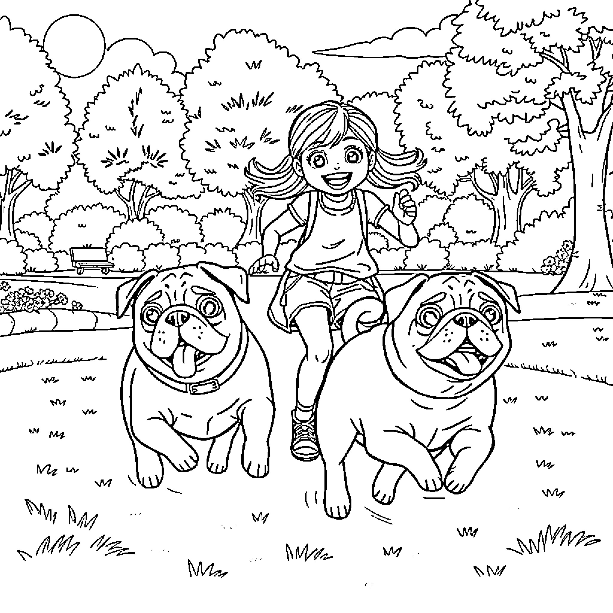 Pug friends walk with smiling girl in nature Coloring Page (free black-and-white line drawing printable PDF for all, from beginners to advanced learners, including children, teens, adults, and seniors)