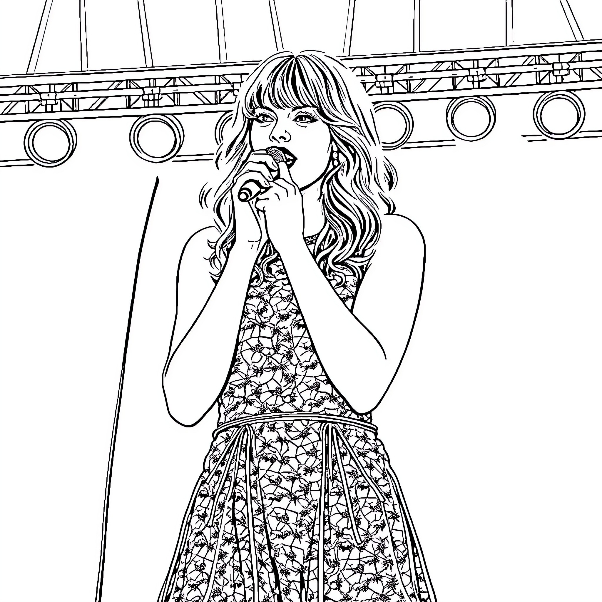 Taylor Swift performing on stage in a floral dress Coloring Page (free black-and-white line drawing printable PDF for all, from beginners to advanced learners, including children, teens, adults, and seniors)