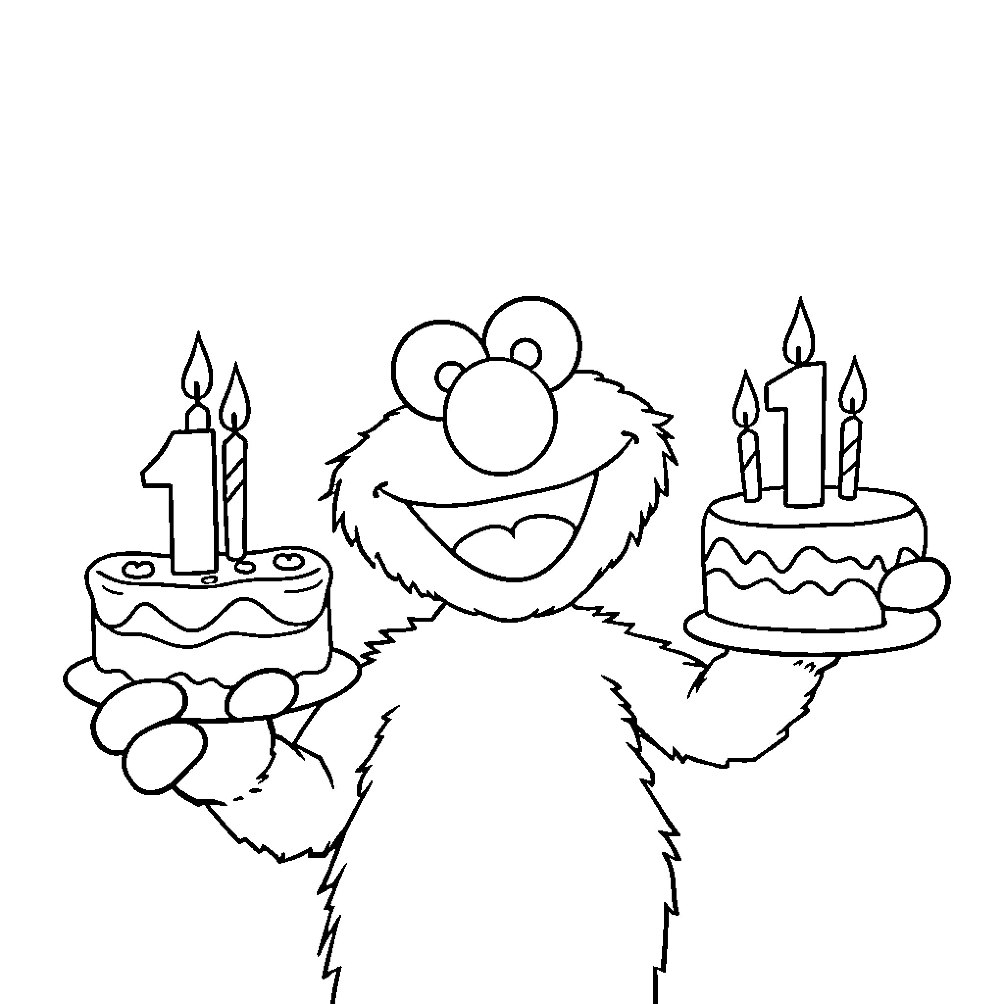 Elmo celebrating with birthday cake and candles Coloring Page (free black-and-white line drawing printable PDF for all, from beginners to advanced learners, including children, teens, adults, and seniors)