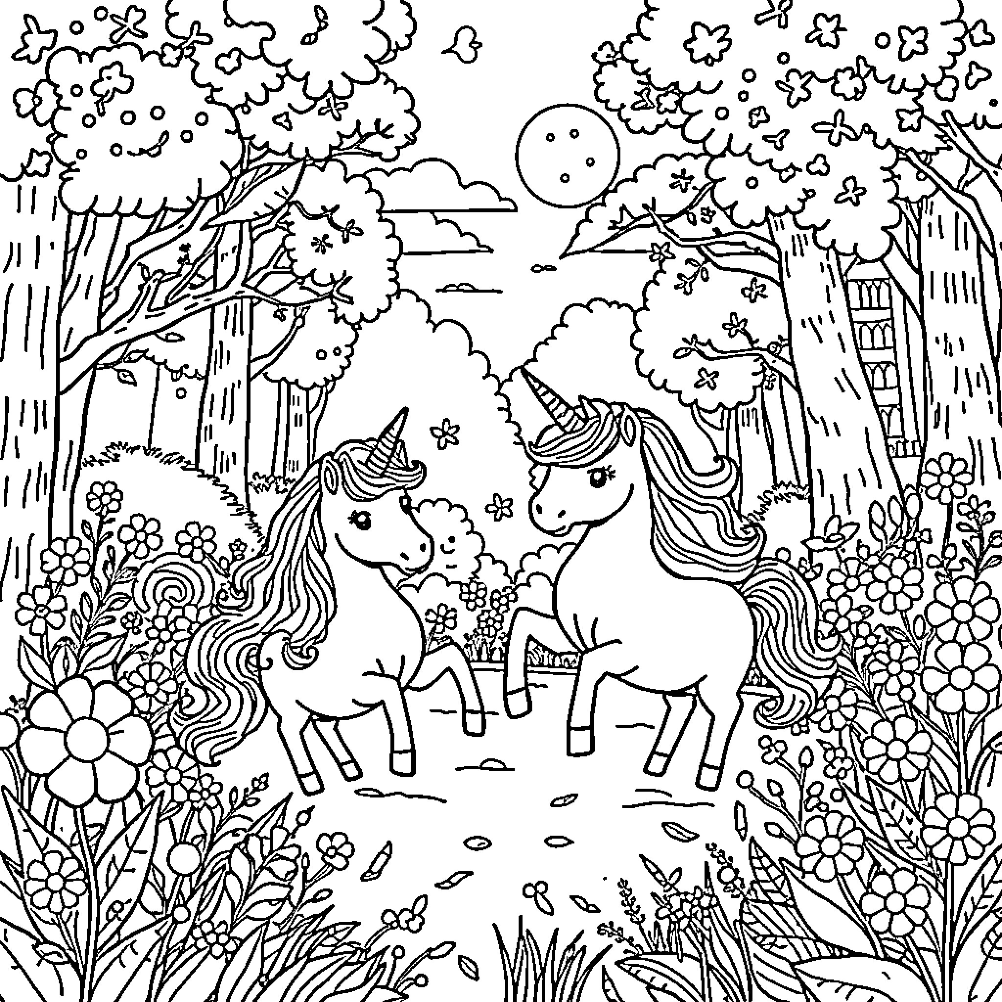 Unicorn Pair Exploring Enchanted Forest Coloring Page (free black-and-white line drawing printable PDF for all, from beginners to advanced learners, including children, teens, adults, and seniors)