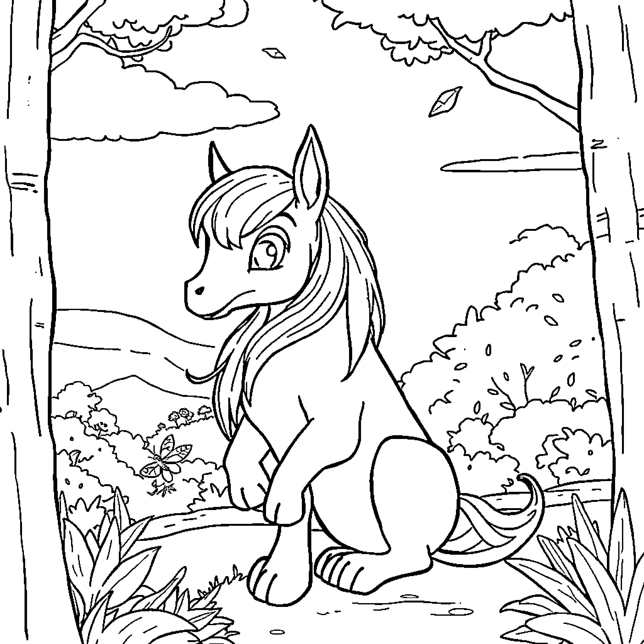 Cotorra enjoying a tranquil forest scene Coloring Page (free black-and-white line drawing printable PDF for all, from beginners to advanced learners, including children, teens, adults, and seniors)