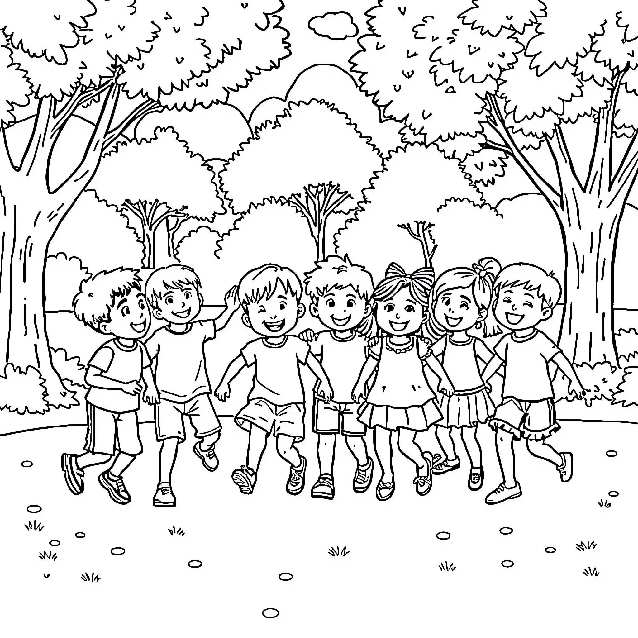 Child friends happily playing in the forest Coloring Page (free black-and-white line drawing printable PDF for all, from beginners to advanced learners, including children, teens, adults, and seniors)