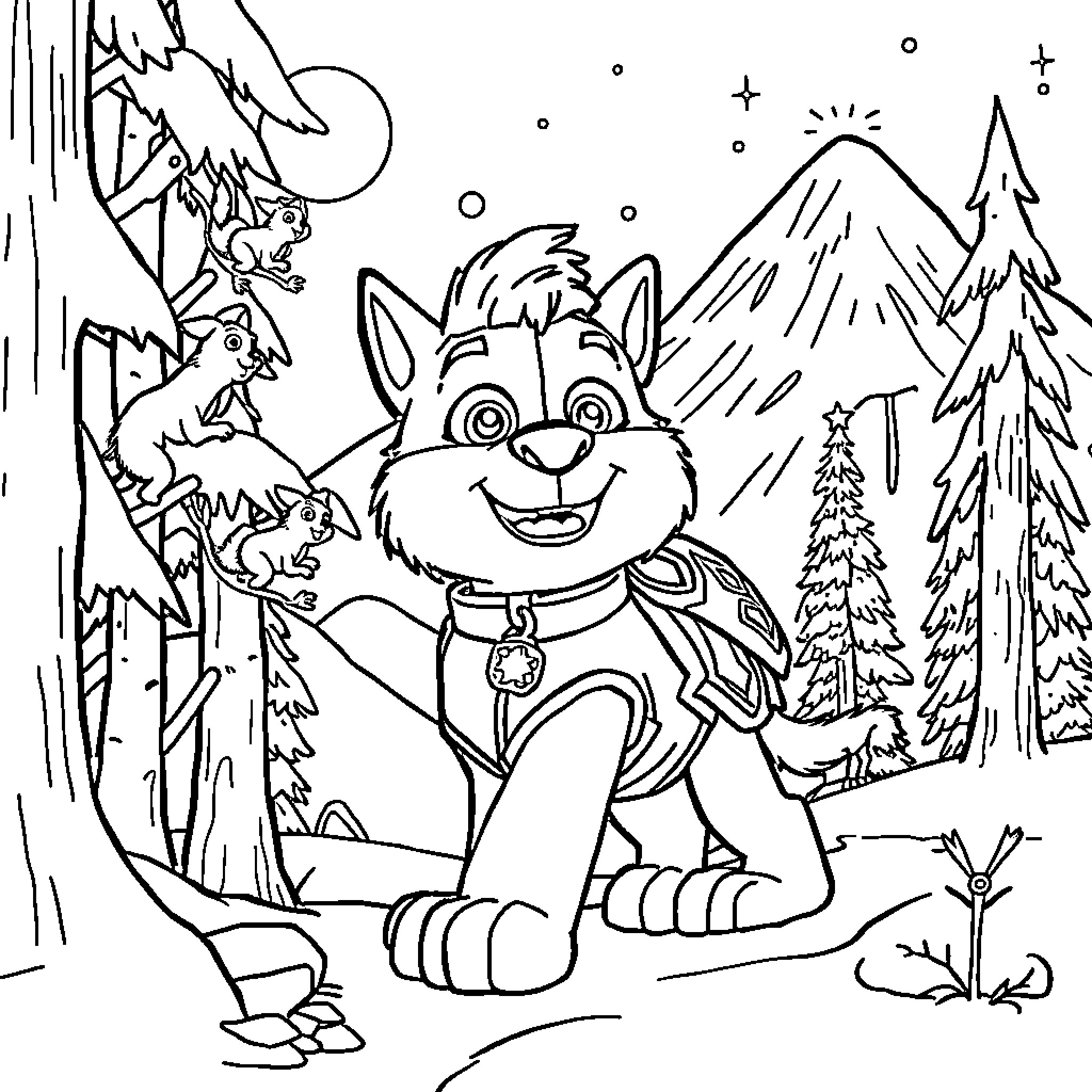 Everest Adventure of a Playful Puppy Coloring Page (free black-and-white line drawing printable PDF for all, from beginners to advanced learners, including children, teens, adults, and seniors)