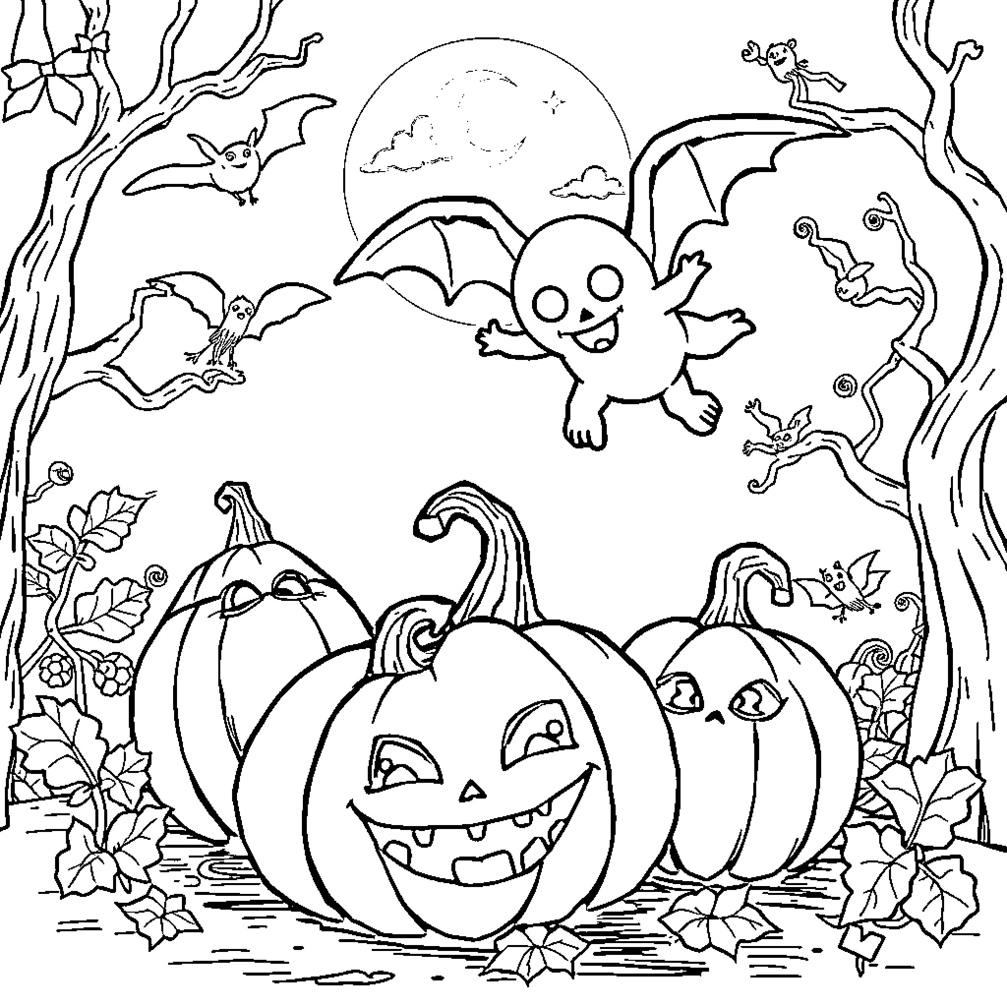 Halloween spooky creatures and jack-o'-lanterns in the moonlight Coloring Page (free black-and-white line drawing printable PDF for all, from beginners to advanced learners, including children, teens, adults, and seniors)