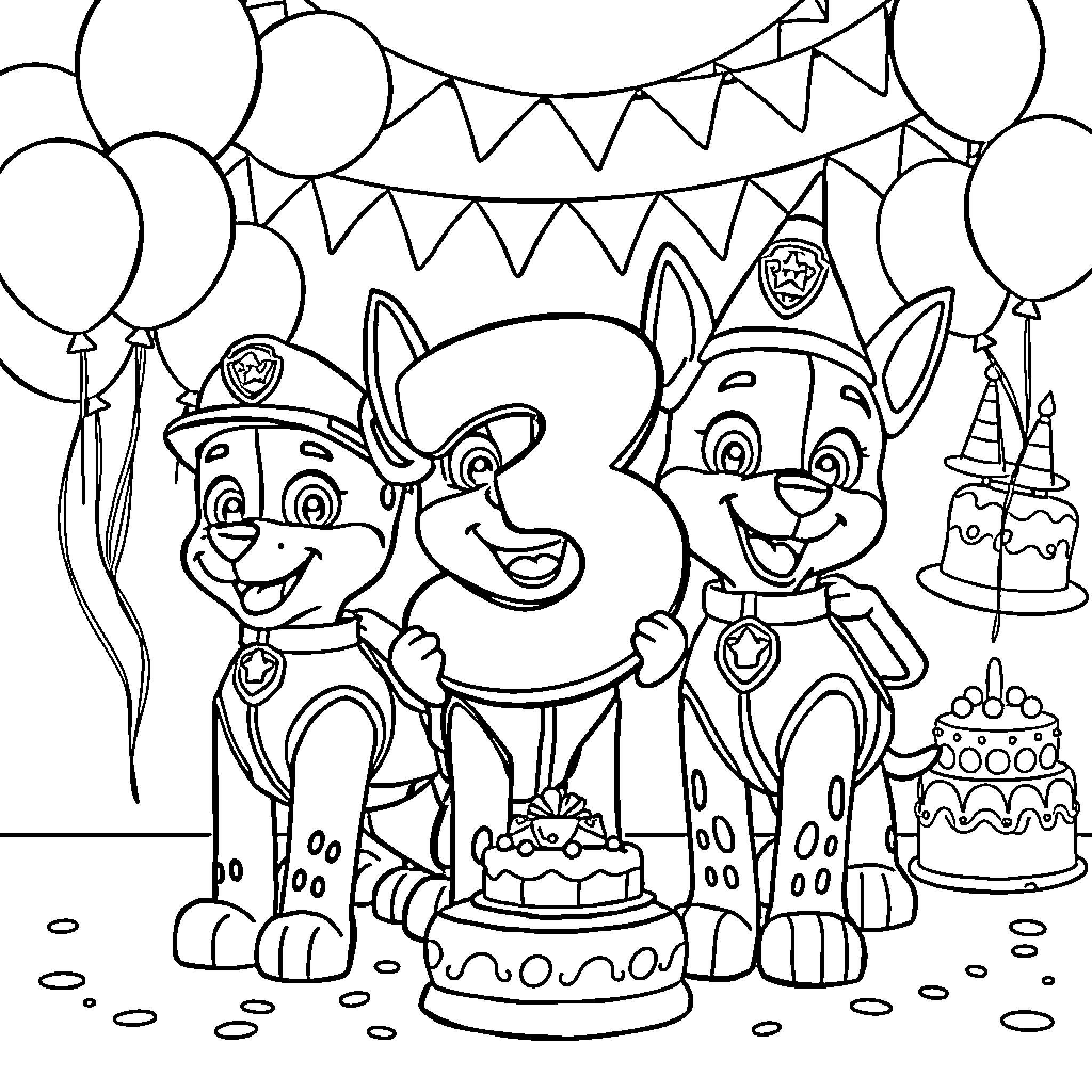Paw Patrol Celebrating Third Birthday Party Coloring Page (free black-and-white line drawing printable PDF for all, from beginners to advanced learners, including children, teens, adults, and seniors)