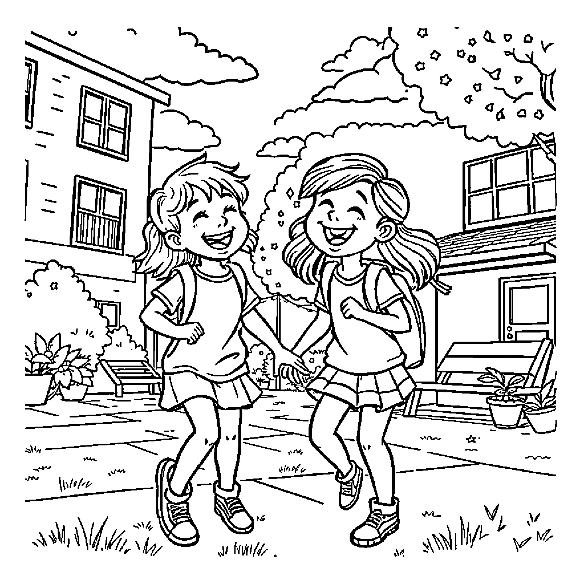 Friend dancing and laughing on the street Coloring Page (free black-and-white line drawing printable PDF for all, from beginners to advanced learners, including children, teens, adults, and seniors)