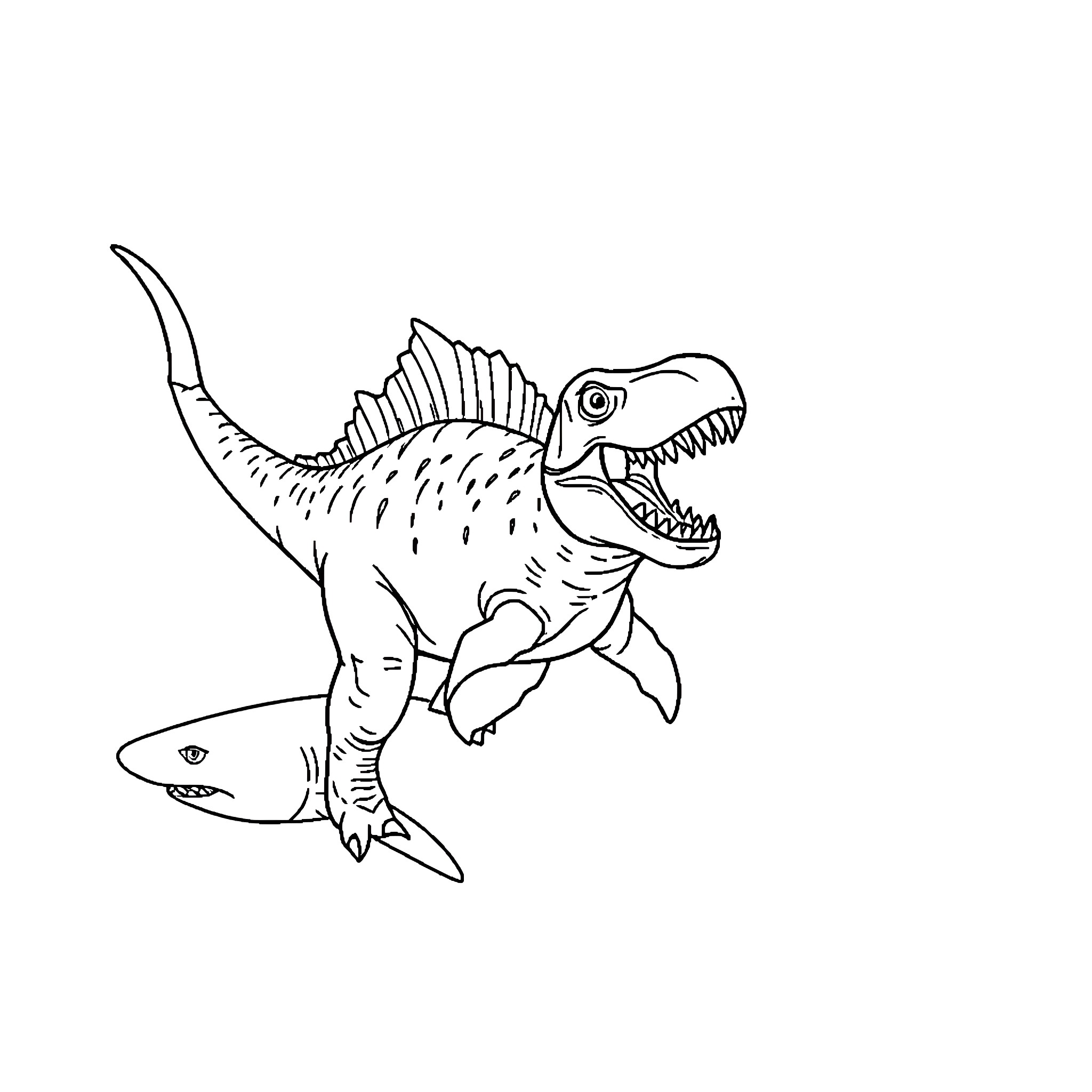 Spinosaurus chasing a shark in the wild Coloring Page (free black-and-white line drawing printable PDF for all, from beginners to advanced learners, including children, teens, adults, and seniors)