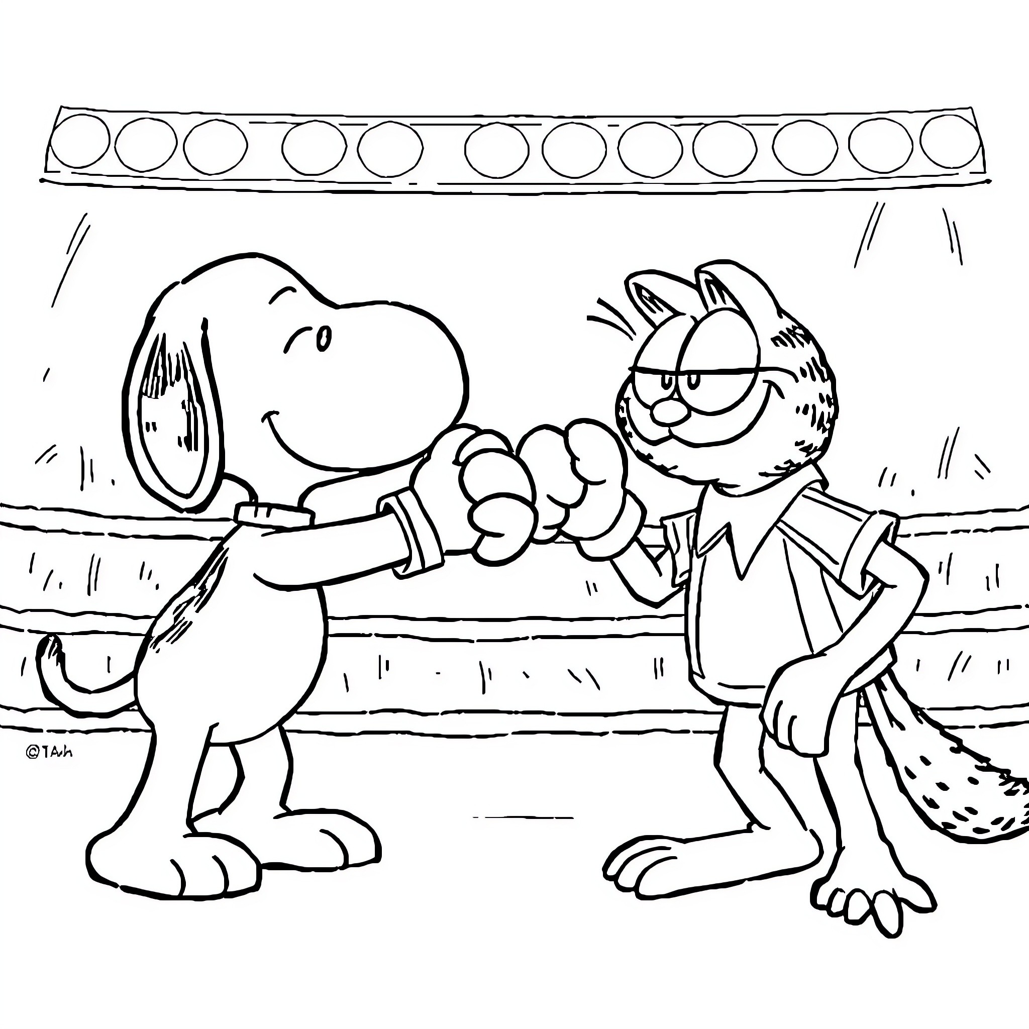 Snoopy and Garfield's Playful Antics Coloring Page (free black-and-white line drawing printable PDF for all, from beginners to advanced learners, including children, teens, adults, and seniors)