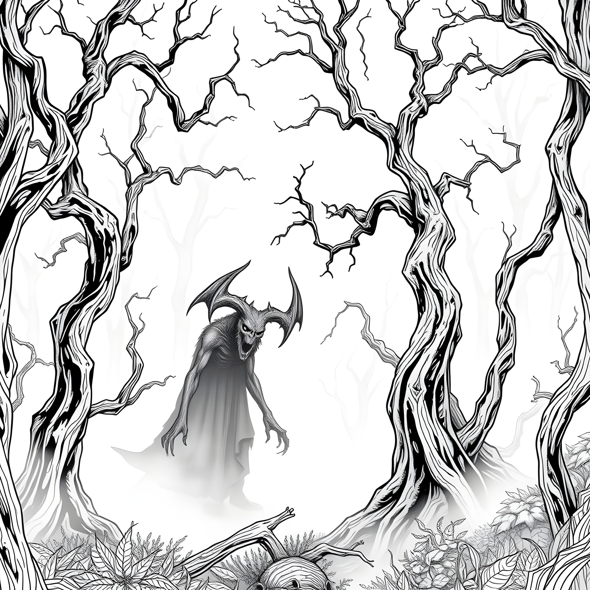 Wendigo stalking through a haunted forest Coloring Page (free black-and-white line drawing printable PDF for all, from beginners to advanced learners, including children, teens, adults, and seniors)