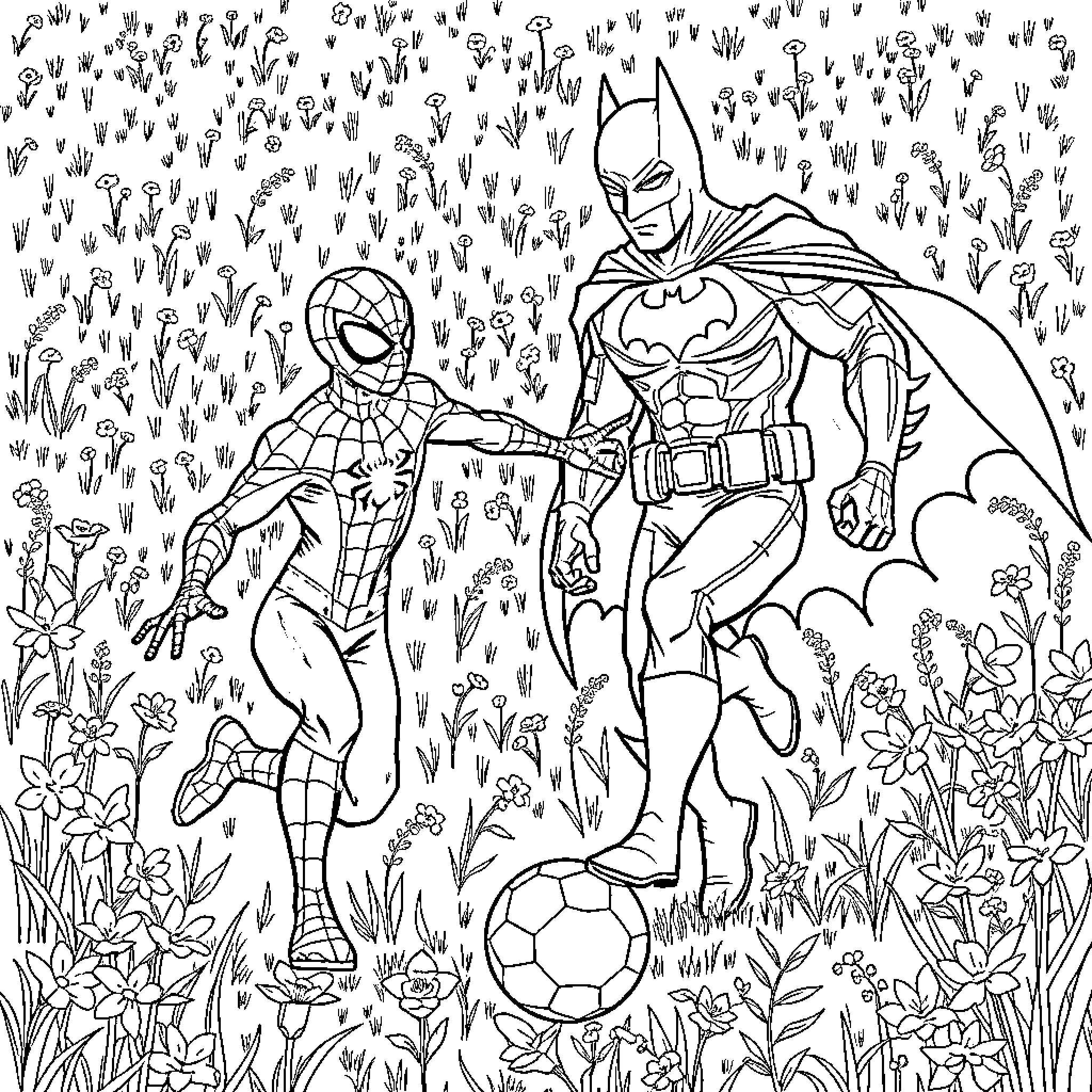 Spidey and Bat hero duo in action Coloring Page (free black-and-white line drawing printable PDF for all, from beginners to advanced learners, including children, teens, adults, and seniors)