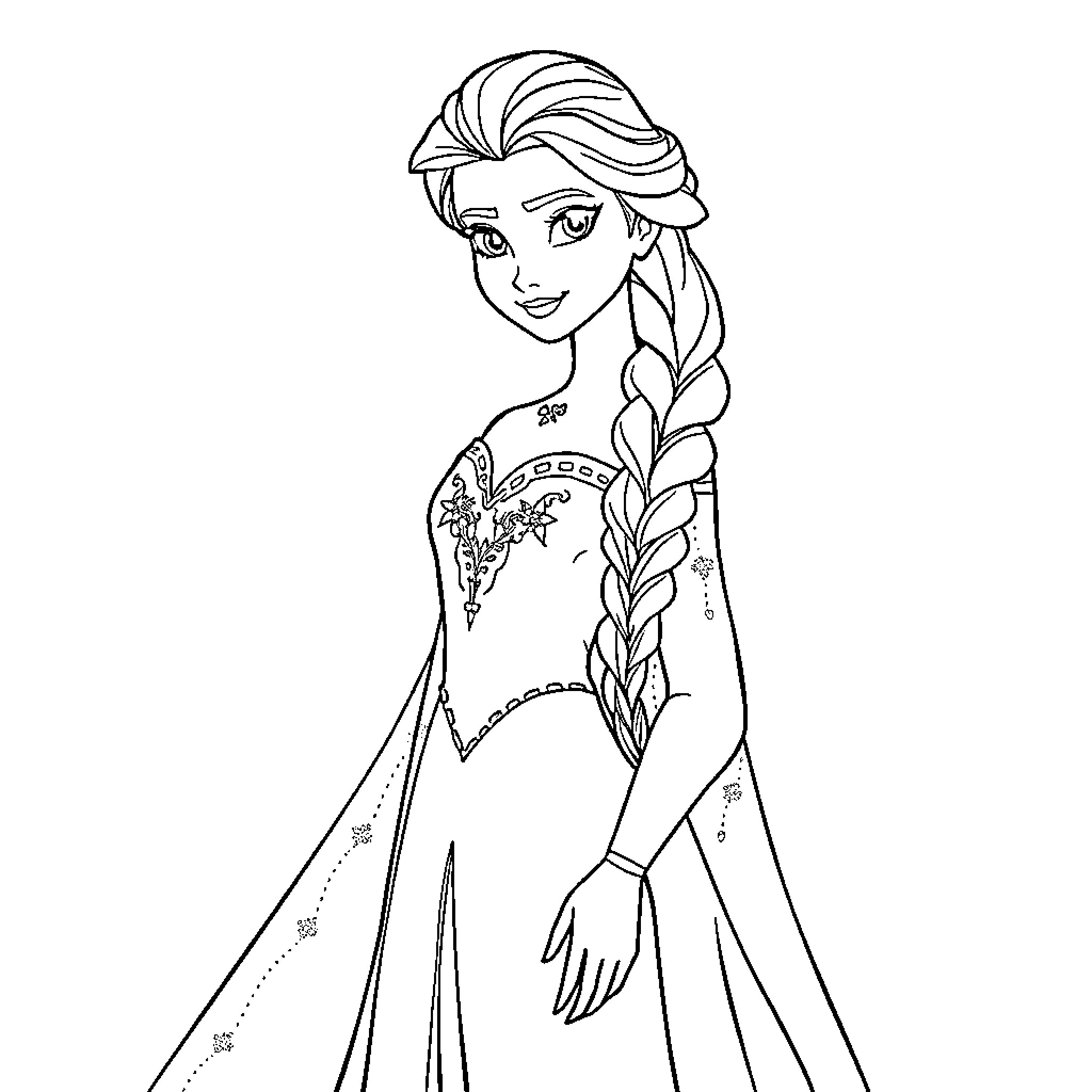 Elsa in her iconic dress with a beautiful braided hairstyle Coloring Page (free black-and-white line drawing printable PDF for all, from beginners to advanced learners, including children, teens, adults, and seniors)