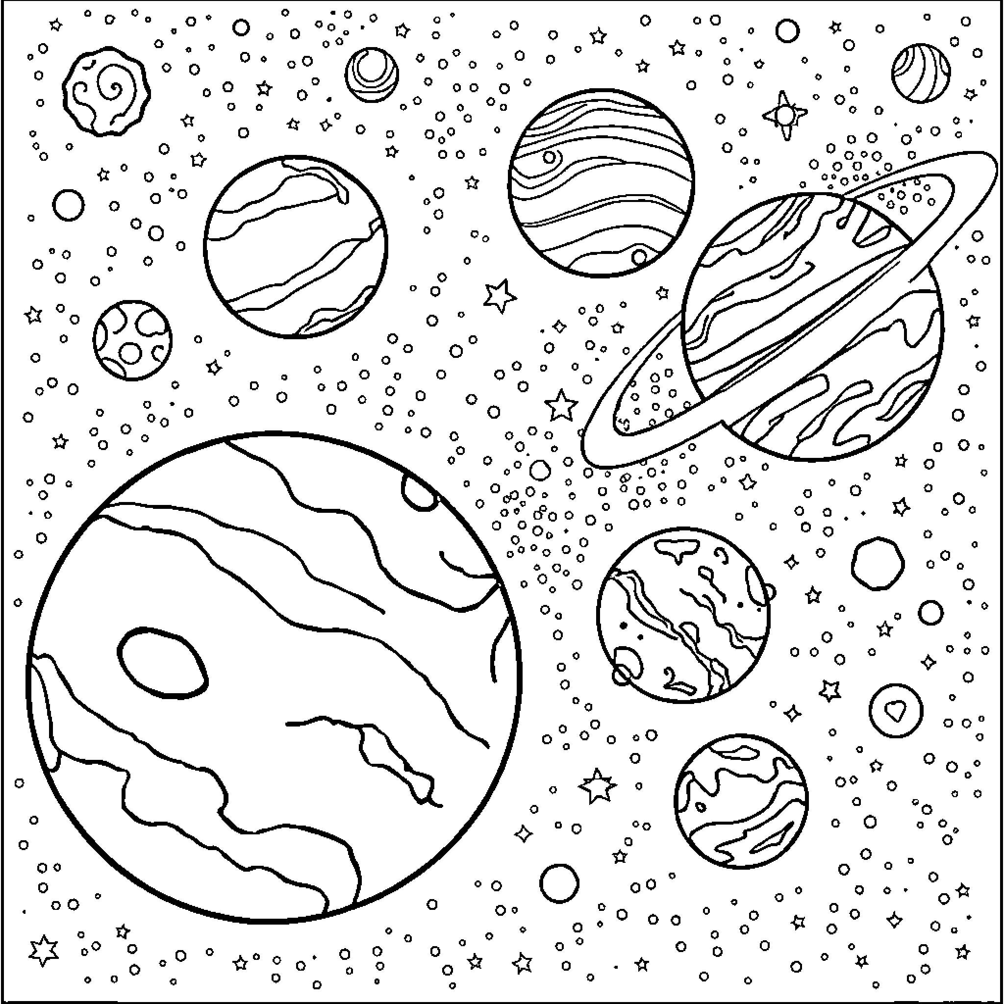 Planet Exploration in the Cosmic Universe Coloring Page (free black-and-white line drawing printable PDF for all, from beginners to advanced learners, including children, teens, adults, and seniors)