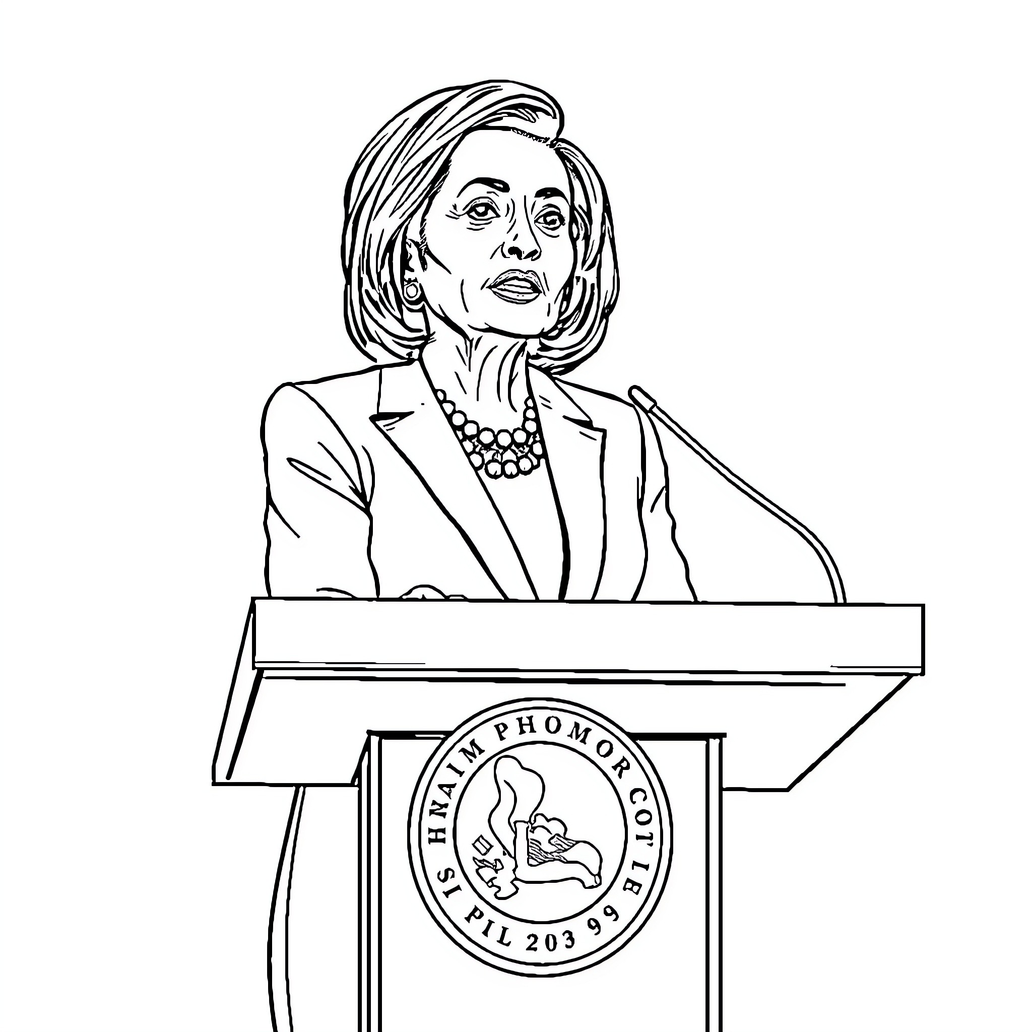 Nancy Pelosi Delivering a Speech at the Podium Coloring Page (free black-and-white line drawing printable PDF for all, from beginners to advanced learners, including children, teens, adults, and seniors)