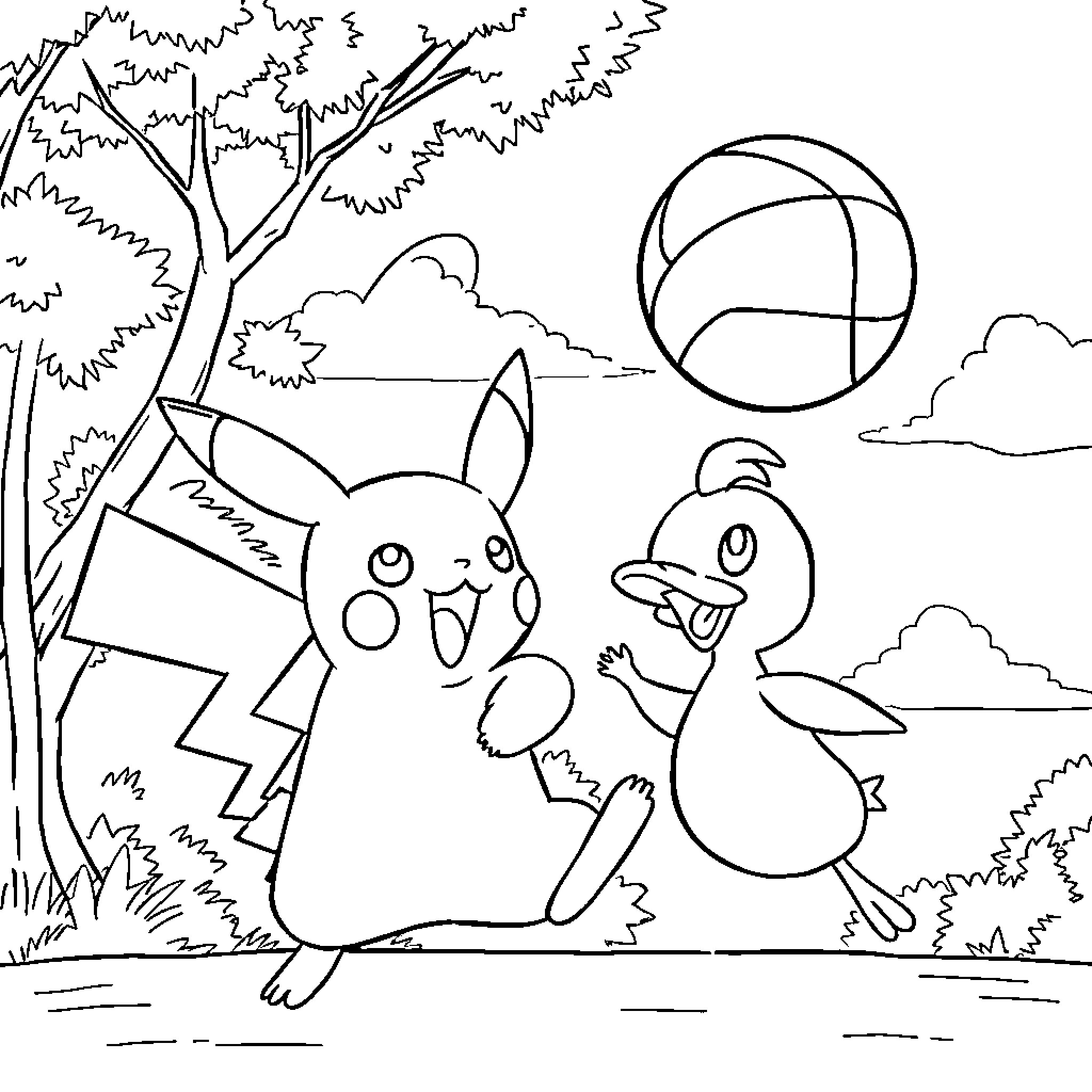 Pikachu and Psyduck playing in the park Coloring Page (free black-and-white line drawing printable PDF for all, from beginners to advanced learners, including children, teens, adults, and seniors)