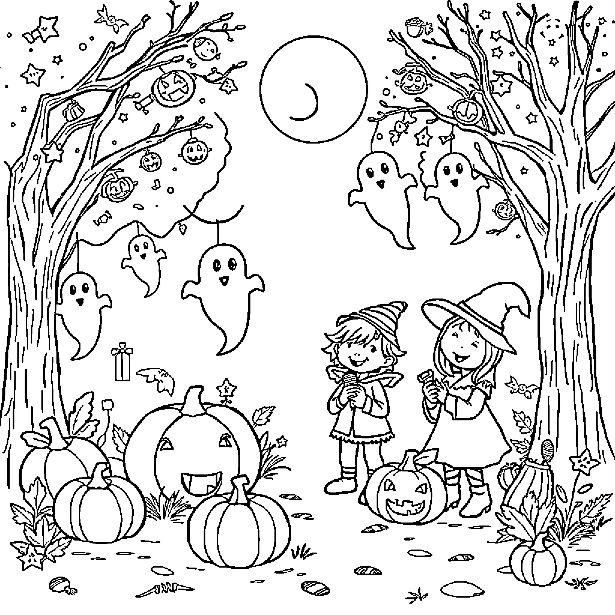 Children in Halloween costumes exploring a spooky forest Coloring Page (free black-and-white line drawing printable PDF for all, from beginners to advanced learners, including children, teens, adults, and seniors)