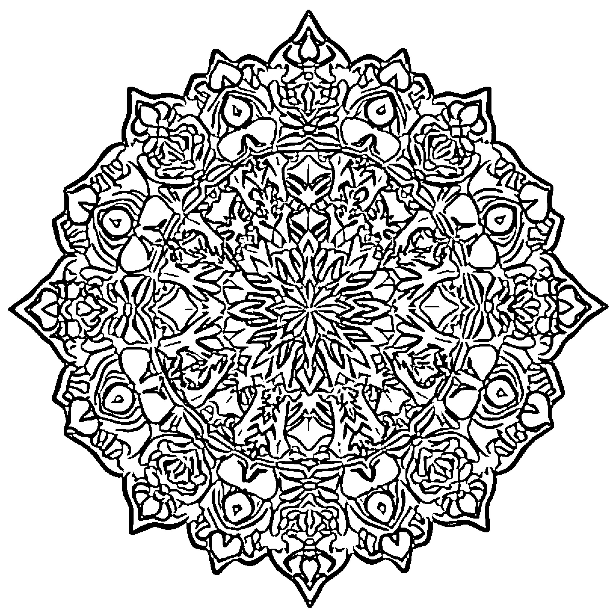 Mandala with intricate floral patterns Coloring Page (free black-and-white line drawing printable PDF for all, from beginners to advanced learners, including children, teens, adults, and seniors)