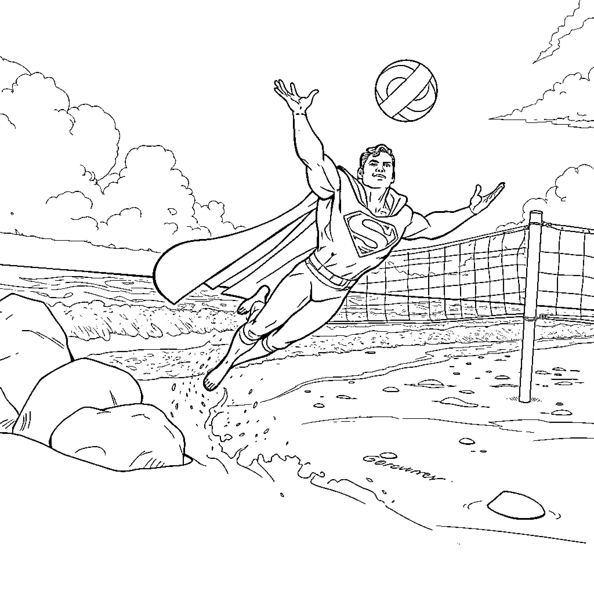 Superman soaring heroically over a volleyball game Coloring Page (free black-and-white line drawing printable PDF for all, from beginners to advanced learners, including children, teens, adults, and seniors)
