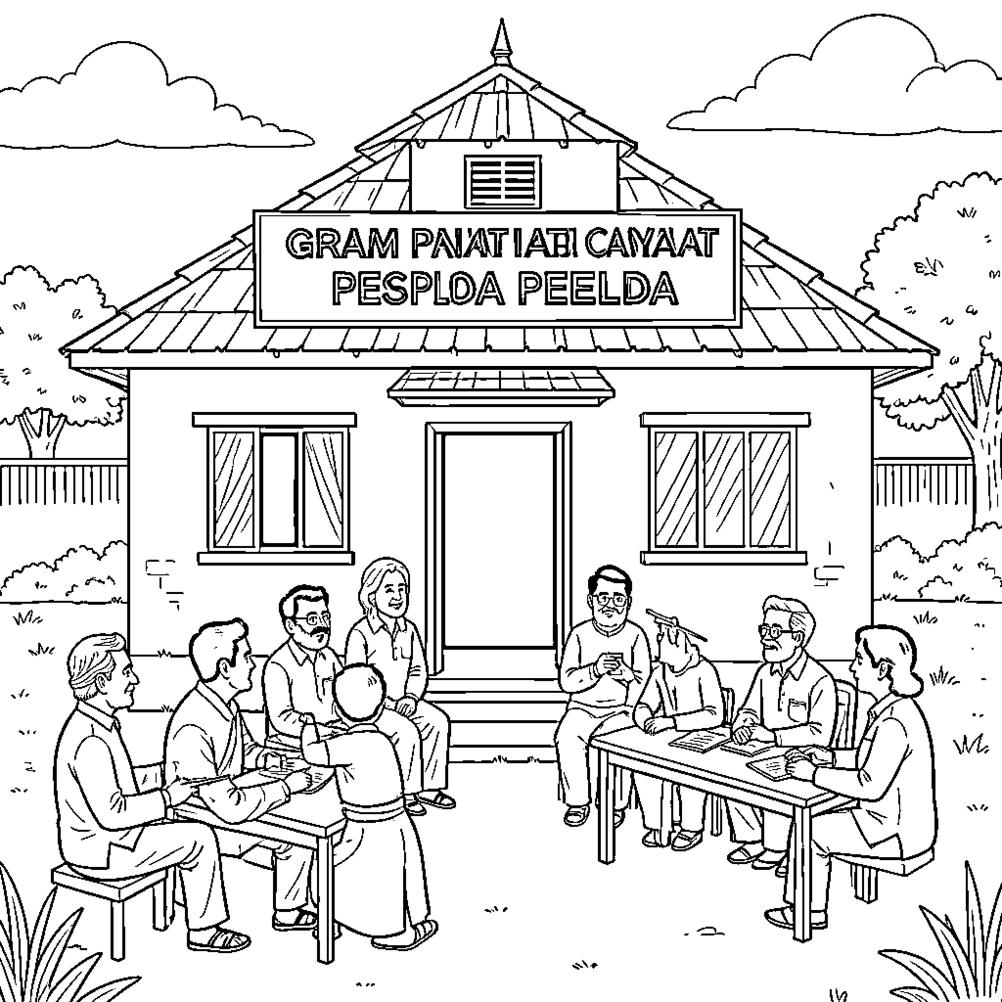 Gram Panchayat members holding a community meeting outdoors Coloring Page (free black-and-white line drawing printable PDF for all, from beginners to advanced learners, including children, teens, adults, and seniors)