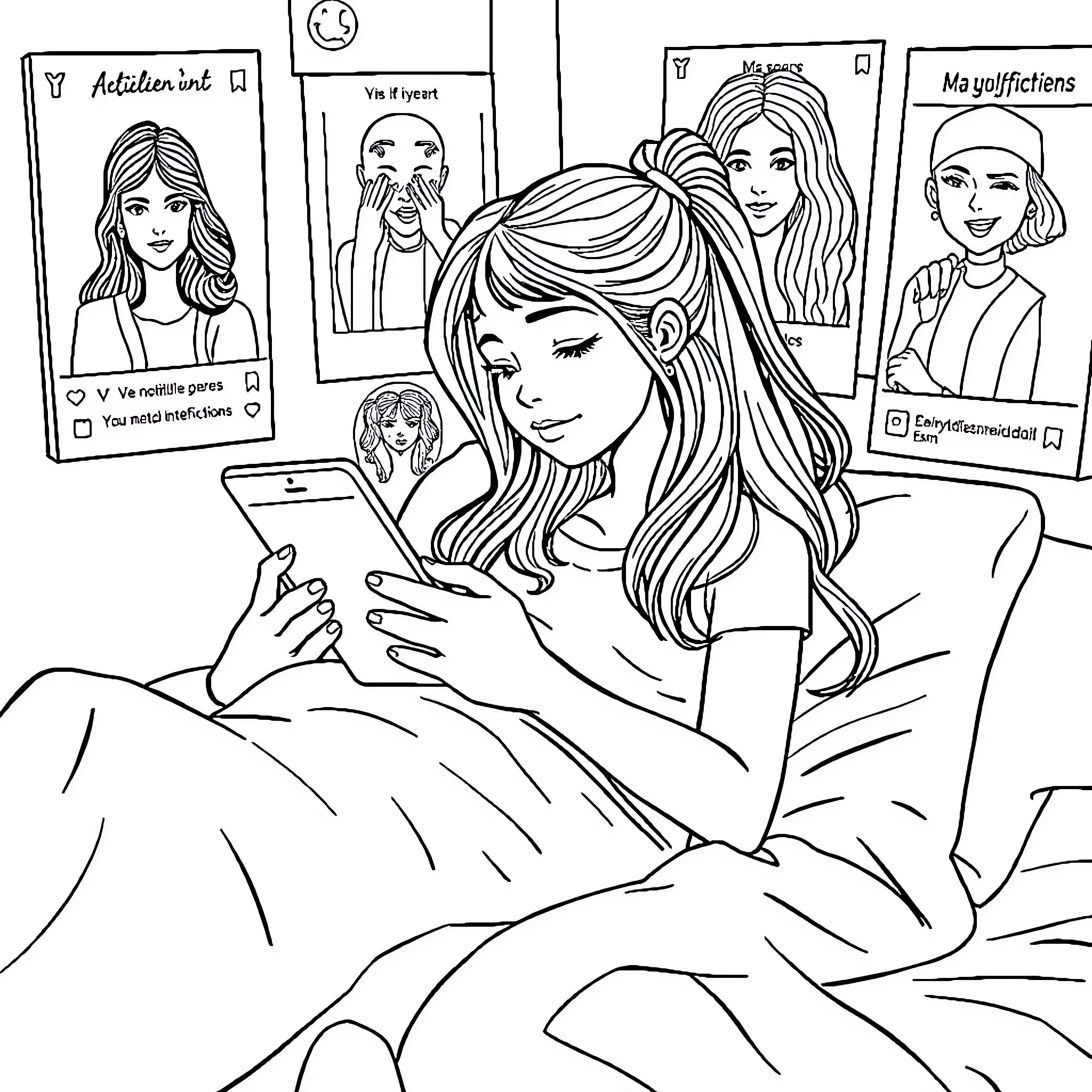 Girl on her smartphone with social media app icons Coloring Page (free black-and-white line drawing printable PDF for all, from beginners to advanced learners, including children, teens, adults, and seniors)