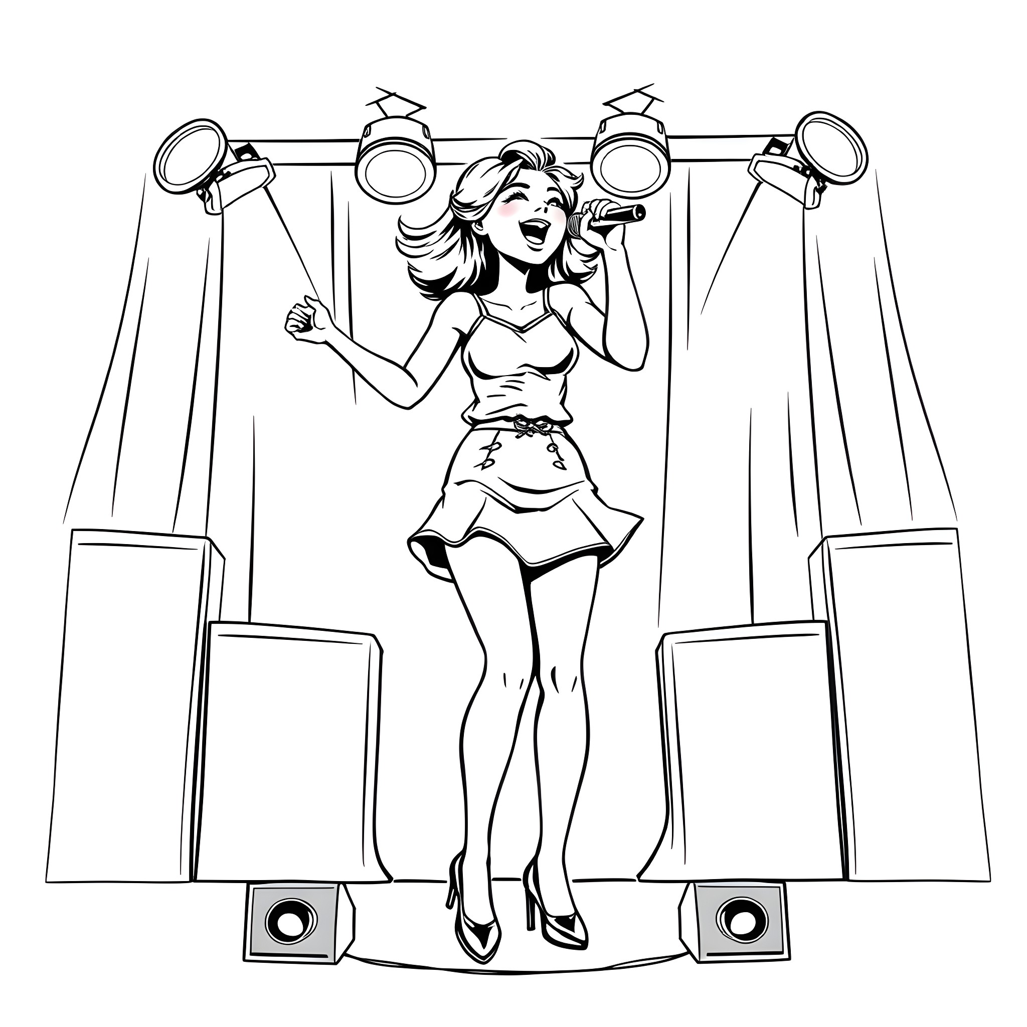 Teen Girl Performing on Stage with Microphones Coloring Page (free black-and-white line drawing printable PDF for all, from beginners to advanced learners, including children, teens, adults, and seniors)