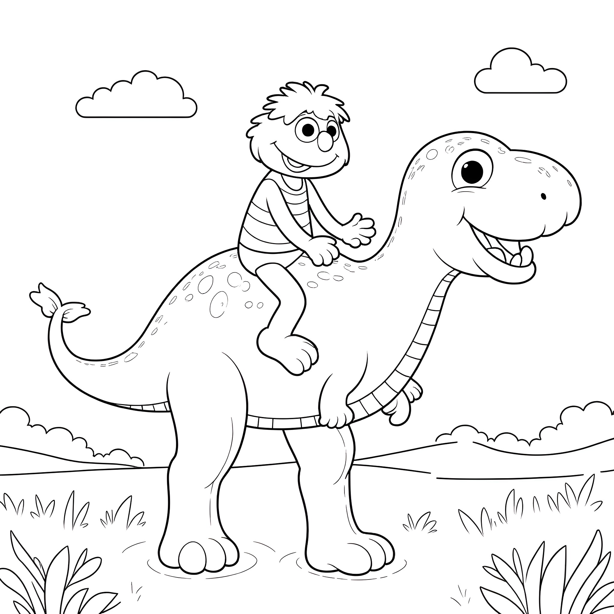 Elmo riding a friendly dinosaur in the park Coloring Page (free black-and-white line drawing printable PDF for all, from beginners to advanced learners, including children, teens, adults, and seniors)