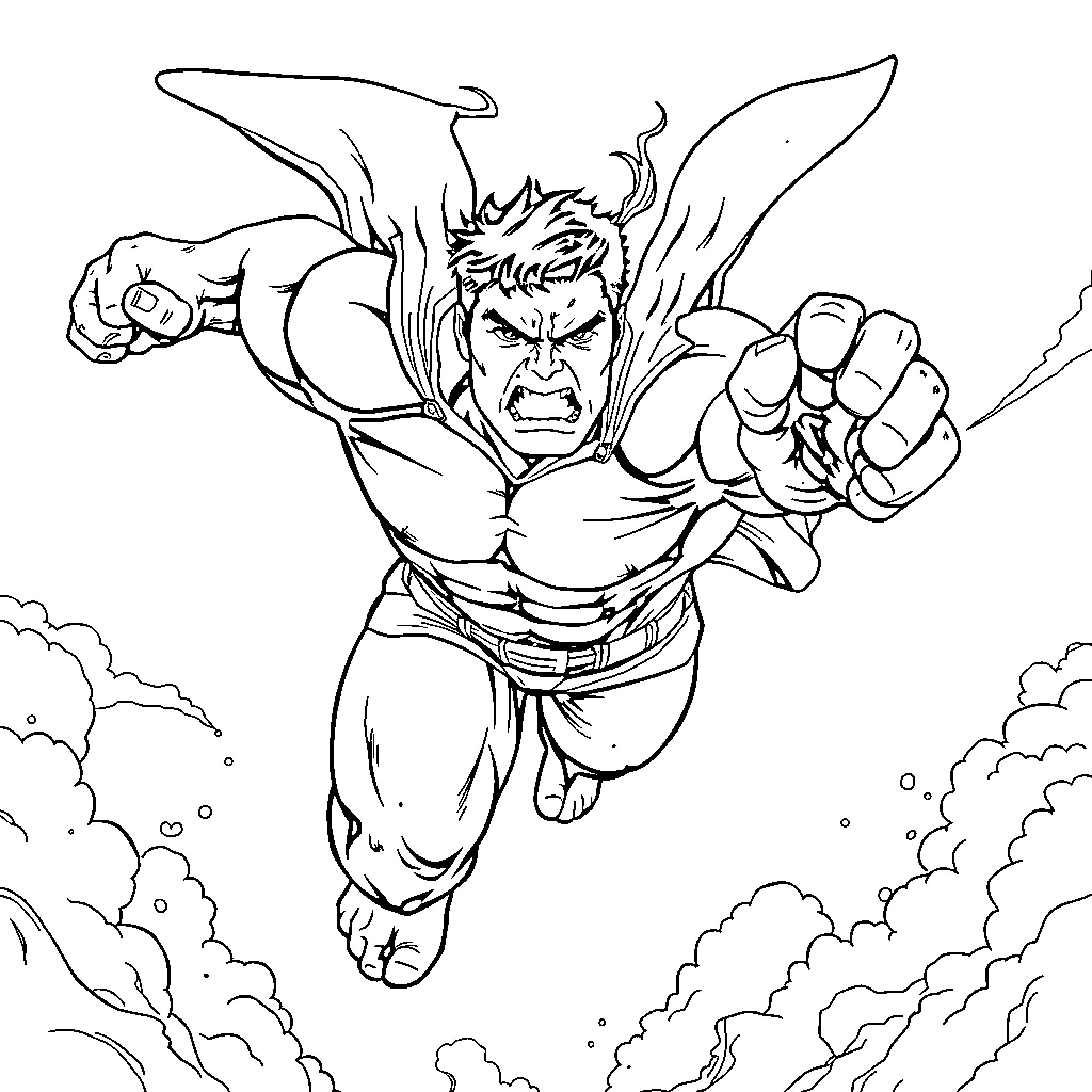 Hulk charging forcefully through clouds Coloring Page (free black-and-white line drawing printable PDF for all, from beginners to advanced learners, including children, teens, adults, and seniors)