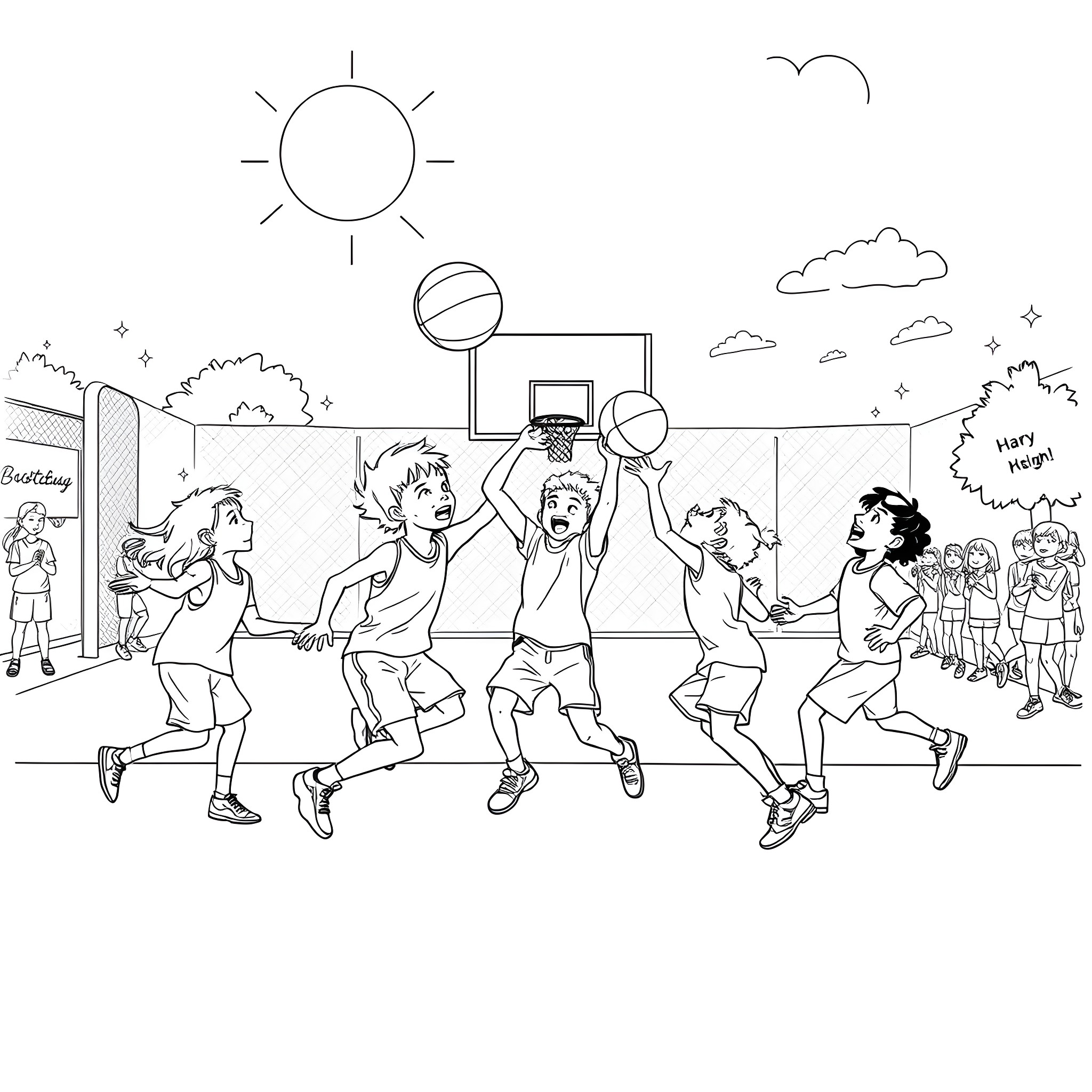 Child playing basketball with friends on outdoor court Coloring Page (free black-and-white line drawing printable PDF for all, from beginners to advanced learners, including children, teens, adults, and seniors)