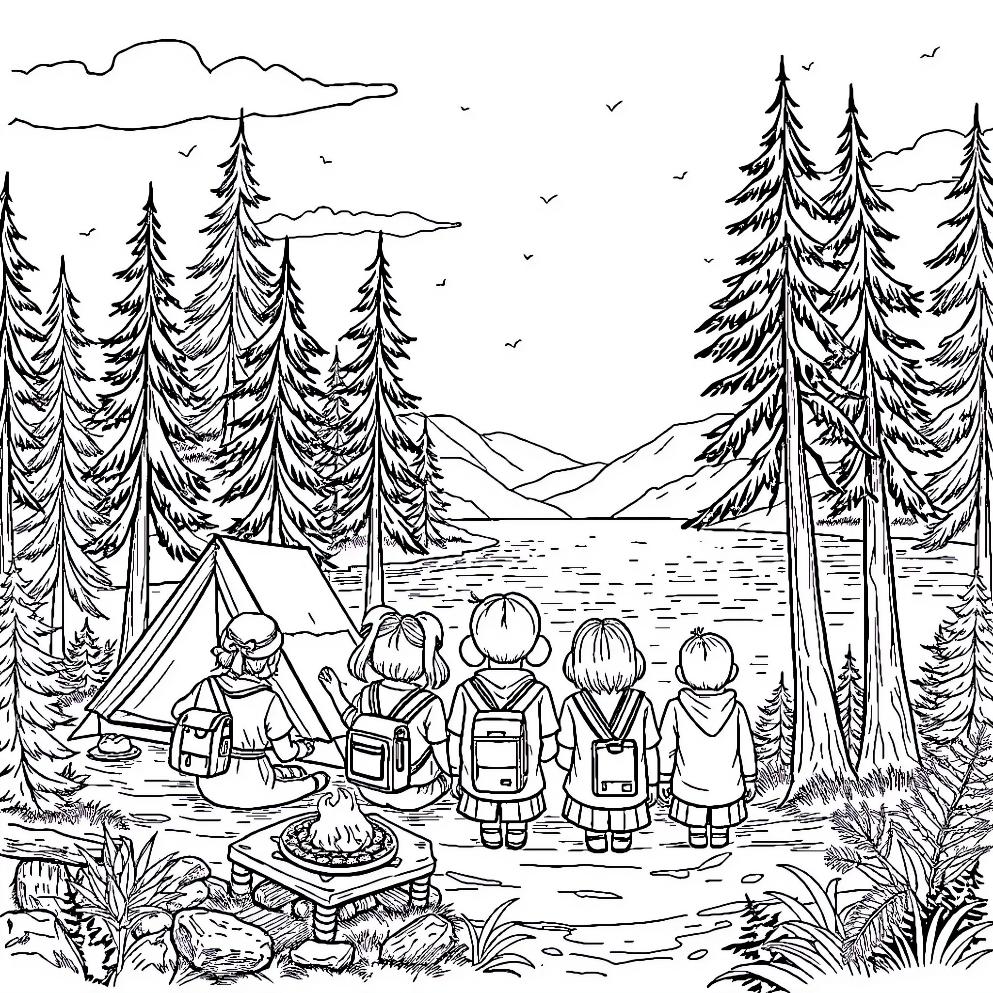 Girl Scouts camping in the wilderness Coloring Page (free black-and-white line drawing printable PDF for all, from beginners to advanced learners, including children, teens, adults, and seniors)