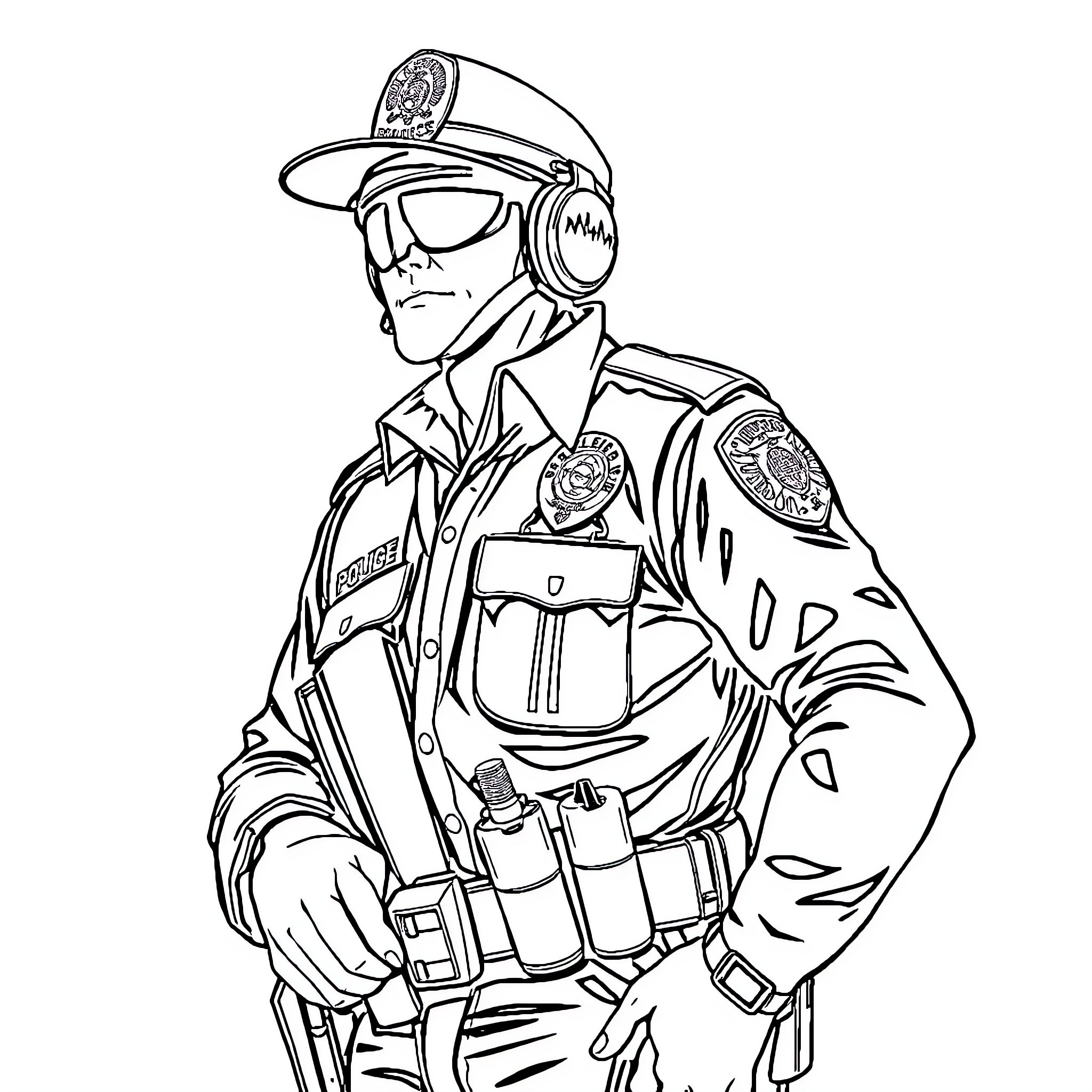 Police Officer Facing Challenges with Determination Coloring Page (free black-and-white line drawing printable PDF for all, from beginners to advanced learners, including children, teens, adults, and seniors)
