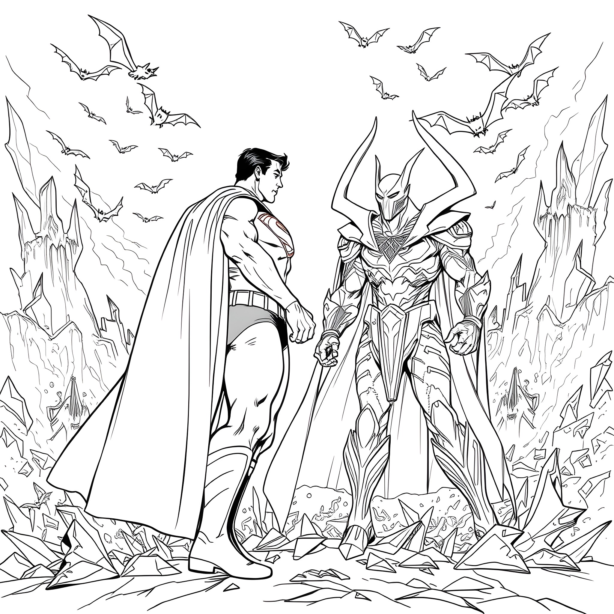 Superman stands tall against a mighty alien warrior Coloring Page (free black-and-white line drawing printable PDF for all, from beginners to advanced learners, including children, teens, adults, and seniors)
