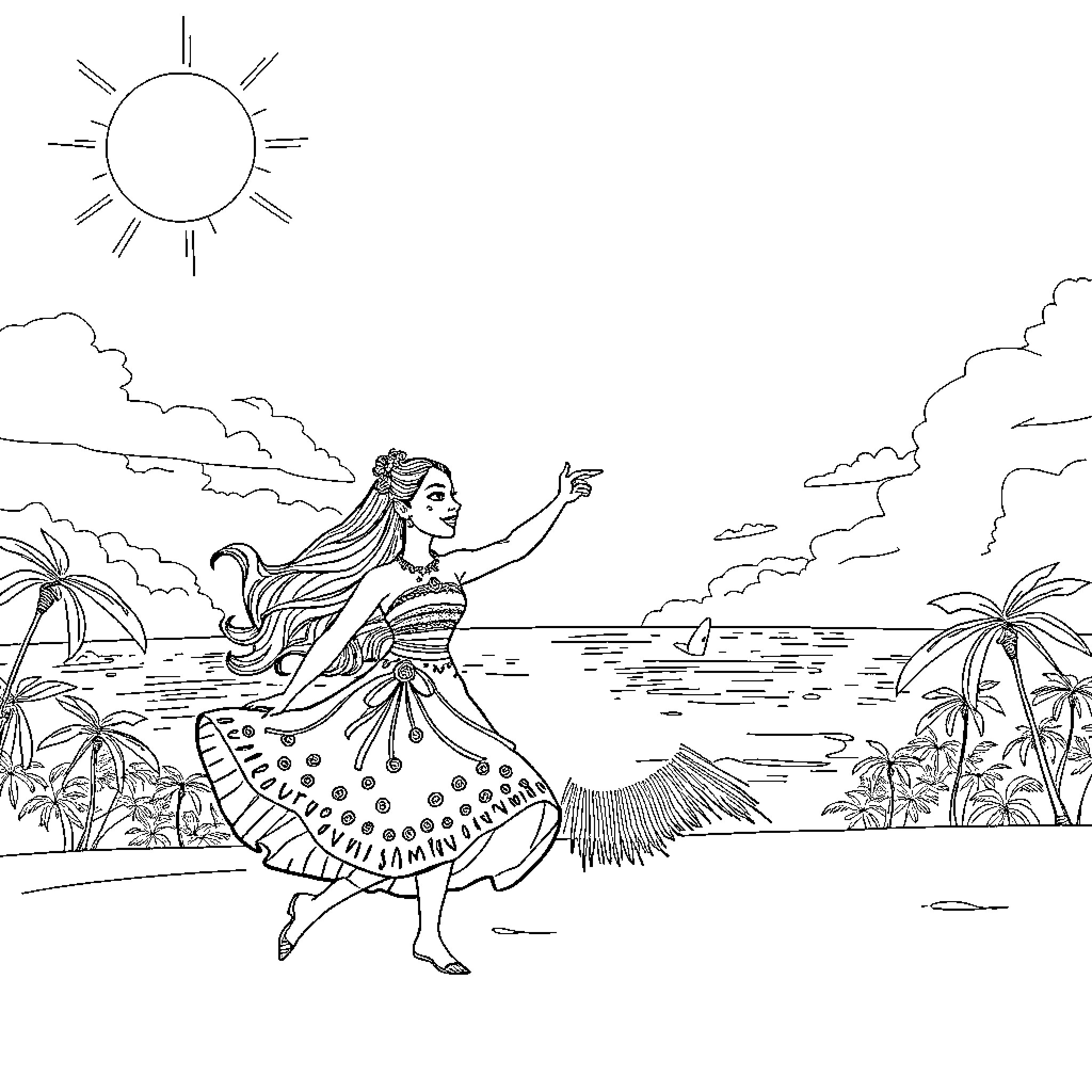 Moana dancing joyfully on the beach Coloring Page (free black-and-white line drawing printable PDF for all, from beginners to advanced learners, including children, teens, adults, and seniors)