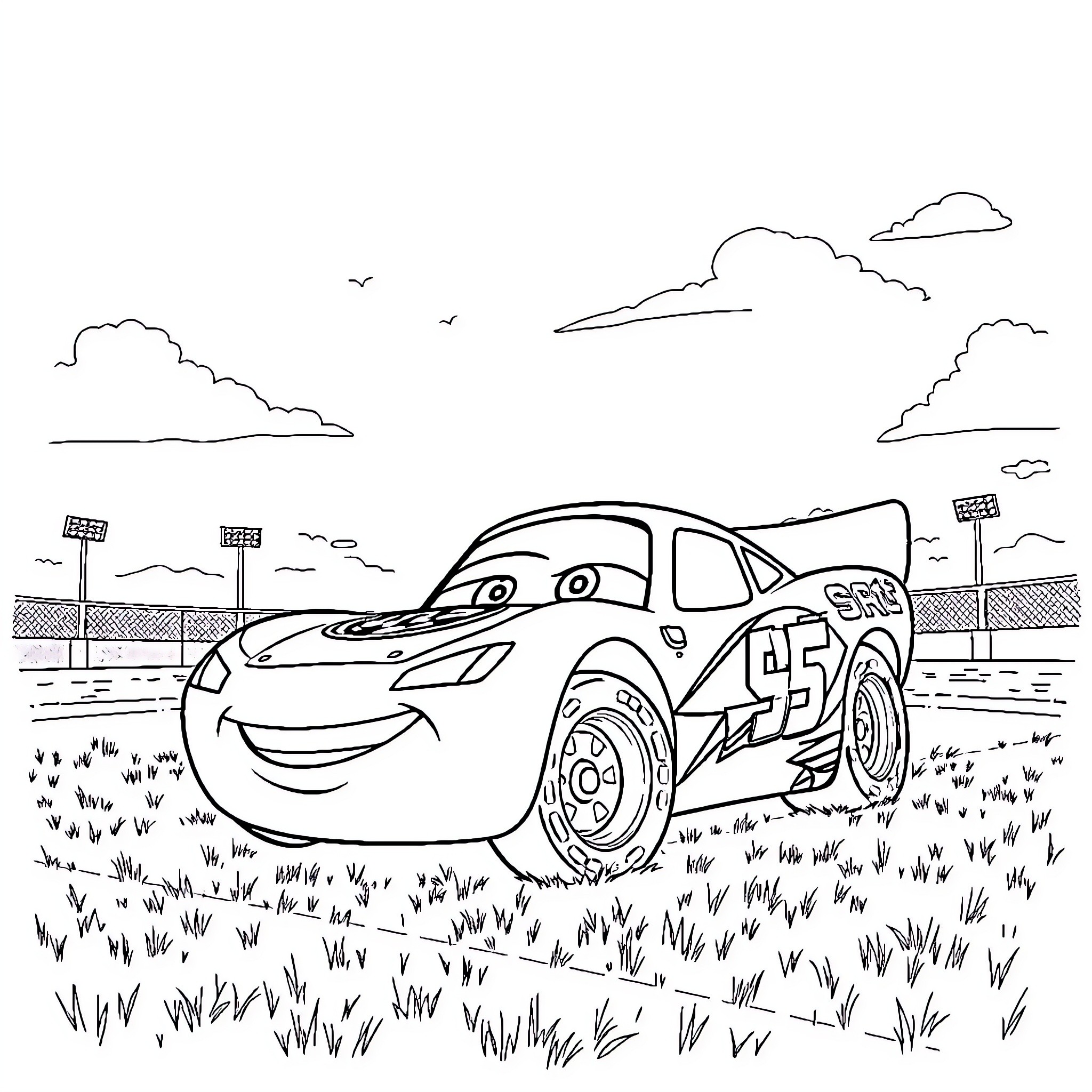 Lightning McQueen racing in the stadium Coloring Page (free black-and-white line drawing printable PDF for all, from beginners to advanced learners, including children, teens, adults, and seniors)