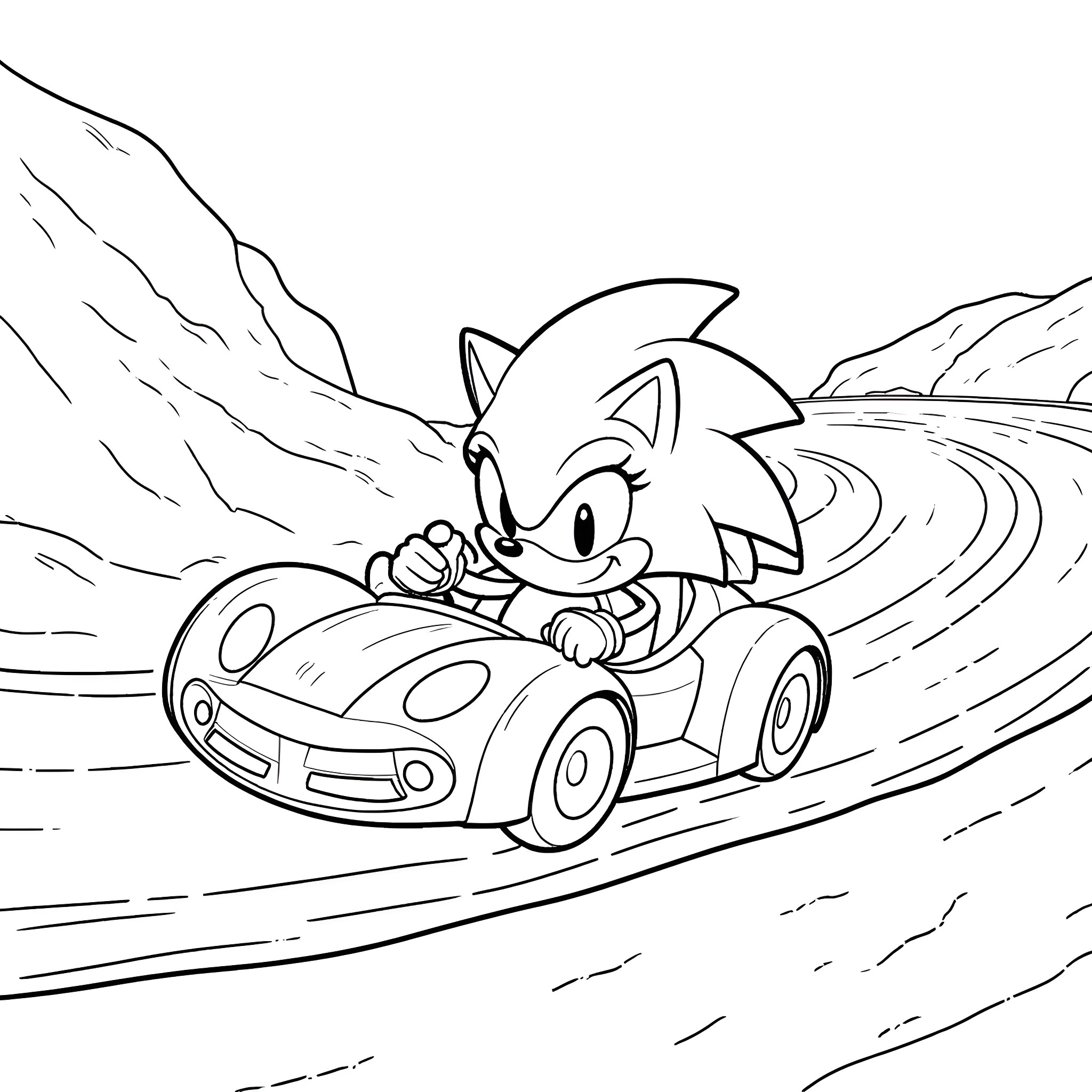 Sonic speeding through a winding mountain road Coloring Page (free black-and-white line drawing printable PDF for all, from beginners to advanced learners, including children, teens, adults, and seniors)